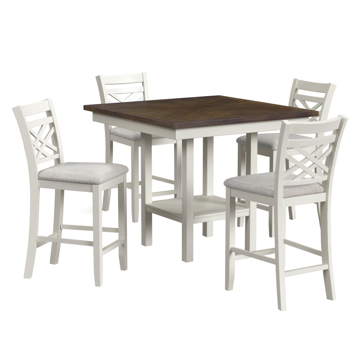 Brooks 5 Piece Counter Set With Table And 4 Upholstery Seat & Wood Back Chairs in Medium Brown & White by Elements International
