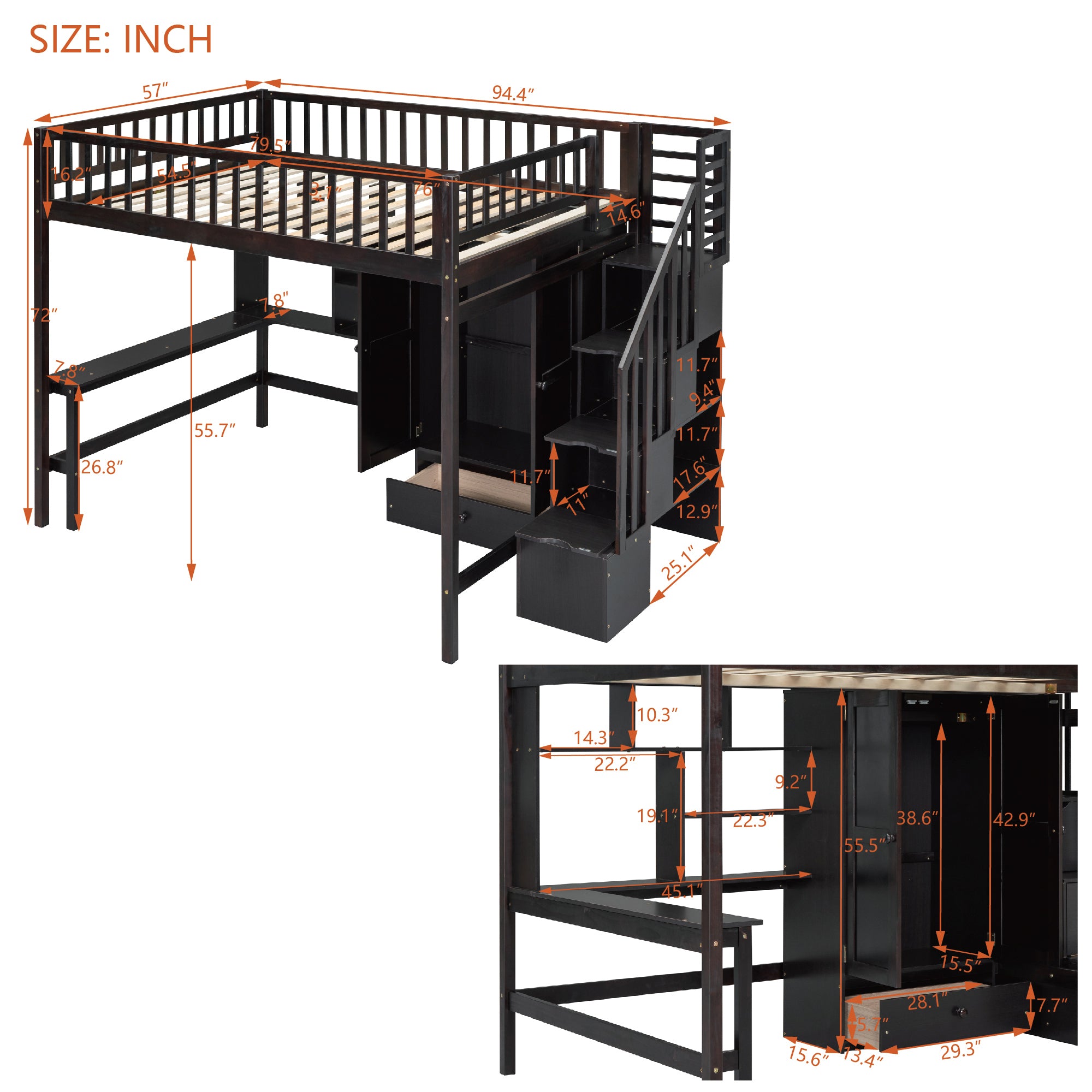 Full size Loft Bed with Bookshelf,Drawers,Desk,and Wardrobe-Espresso