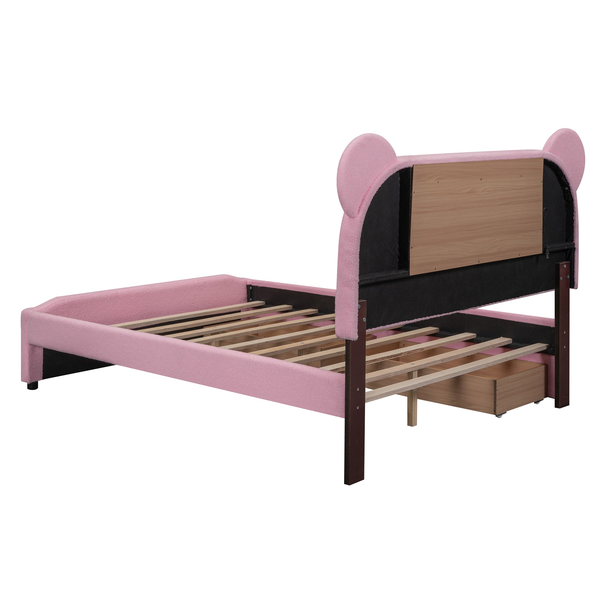 Full Size Upholstered Storage Platform Bed with Cartoon Ears Headboard, LED and USB, Pink - Atlantic Fine Furniture Melbourne FL