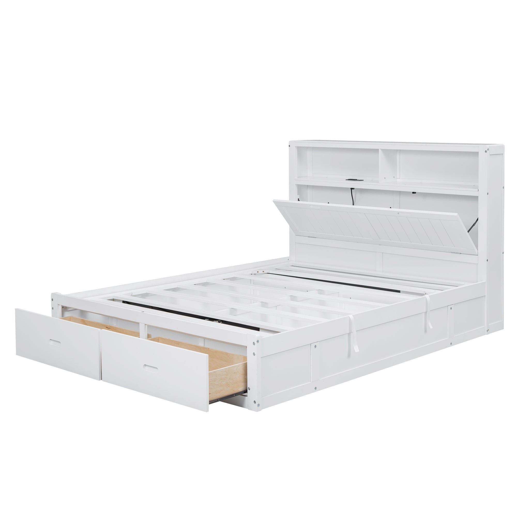 Wood Queen Size Hydraulic Platform Bed with Storage LED Headboard, Charging Station and 2 Drawers, White - Atlantic Fine Furniture Melbourne FL