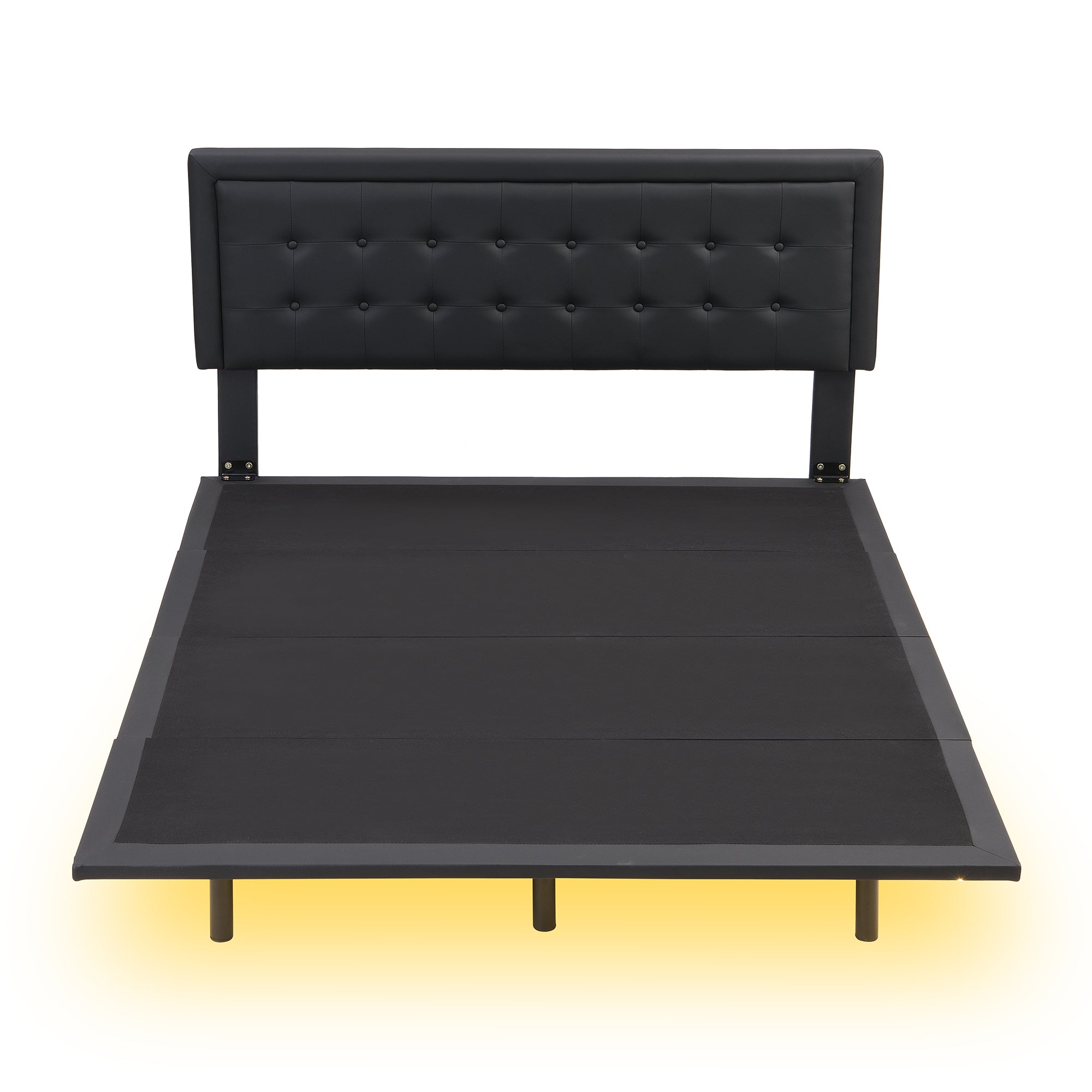 Queen Size Floating Bed Frame with Motion Activated Night Lights,Modern PU Upholstered Button Tufted Platform Bed Frame,Black - Atlantic Fine Furniture Melbourne FL
