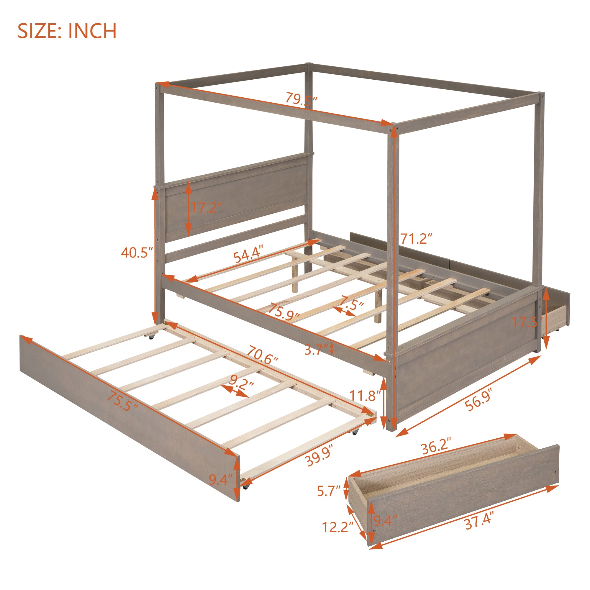 Wood Canopy Bed with Trundle Bed and two Drawers ,Full Size Canopy Platform bed With Support Slats .No Box Spring Needed, Brushed Light Brown - Atlantic Fine Furniture Melbourne FL