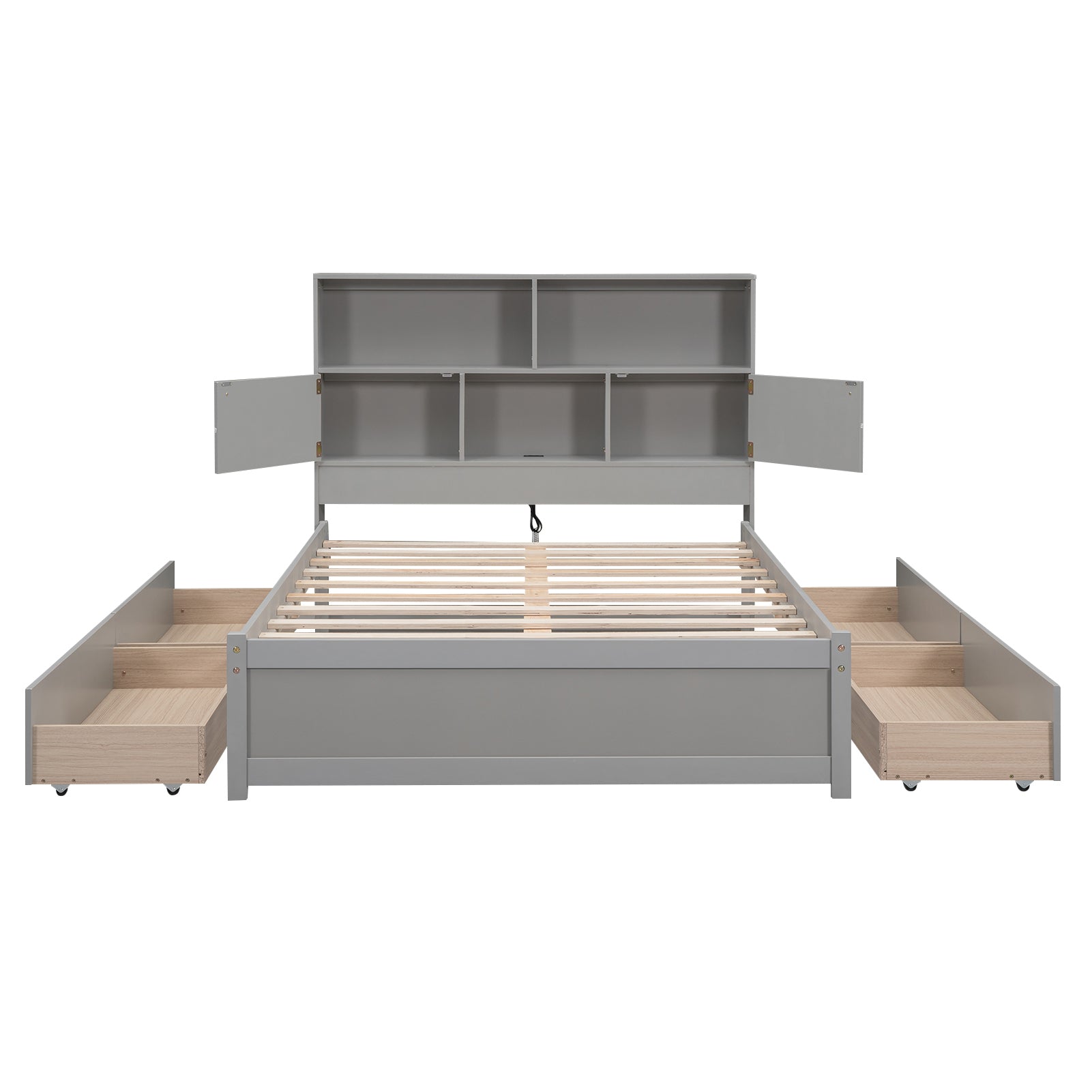 Full Size Platform Bed with Storage Headboard, Charging Station and 4 Drawers, Gray - Atlantic Fine Furniture Melbourne FL