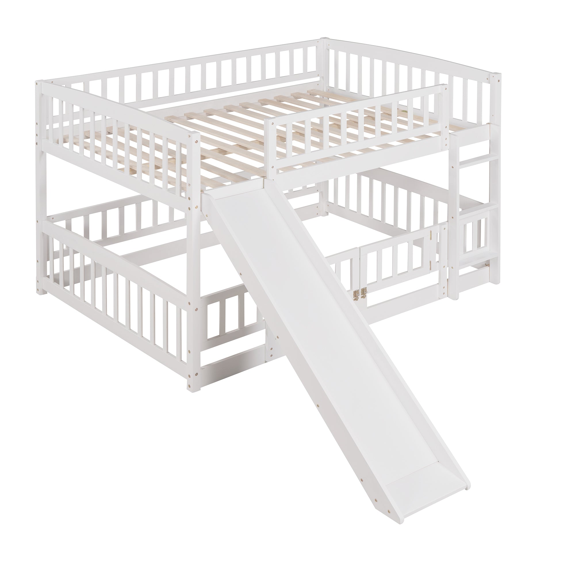 Bunk Bed with Slide,Full Over Full Low Bunk Bed with Fence and Ladder for Toddler Kids Teens White - Atlantic Fine Furniture Melbourne FL