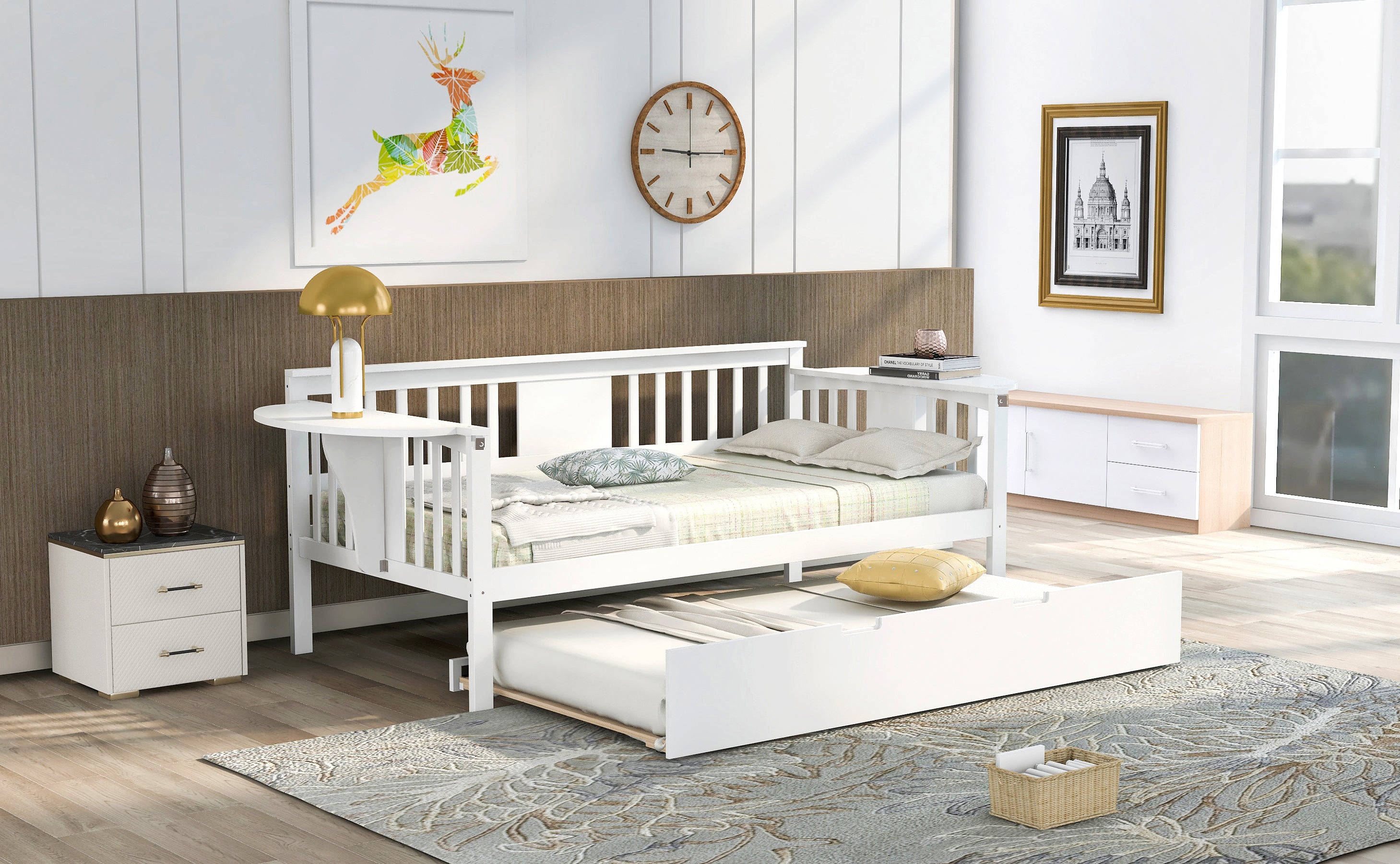 Twin Wooden Daybed with Trundle Bed , Sofa Bed for Bedroom Living Room, White - Atlantic Fine Furniture Melbourne FL