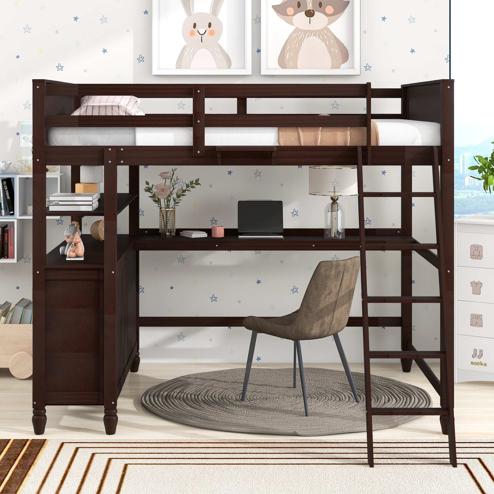 Full size Loft Bed with Drawers and Desk, Wooden Loft Bed with Shelves - Espresso(OLD SKU:LT001529AAP) - Atlantic Fine Furniture Melbourne FL