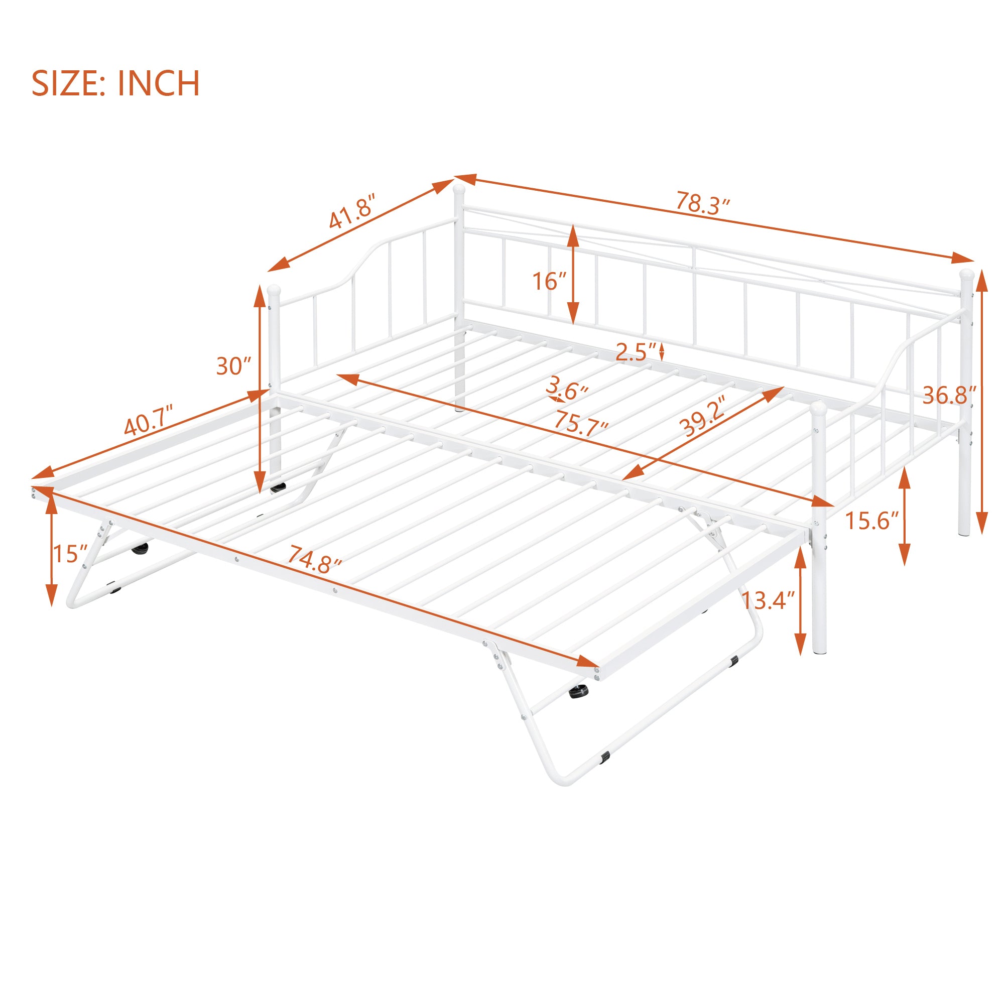 Twin Size Metal Daybed with Twin Size Adjustable Trundle, Portable Folding Trundle, White
