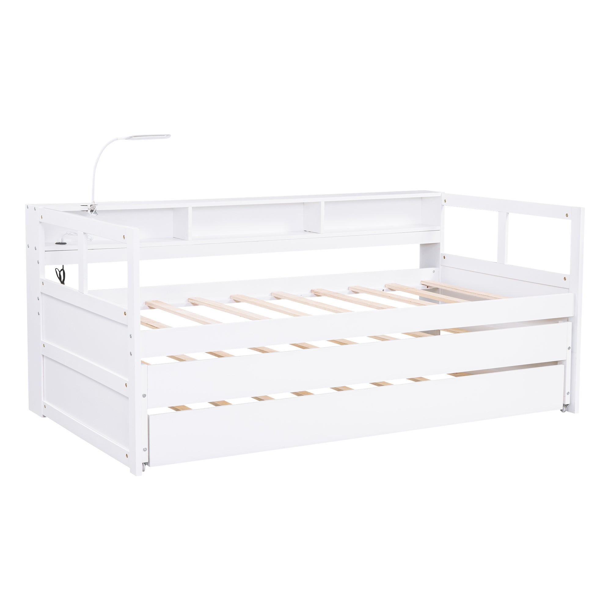 Twin XL Wood Daybed with 2 Trundles, 3 Storage Cubbies, 1 Light for Free and USB Charging Design, White - Atlantic Fine Furniture Melbourne FL