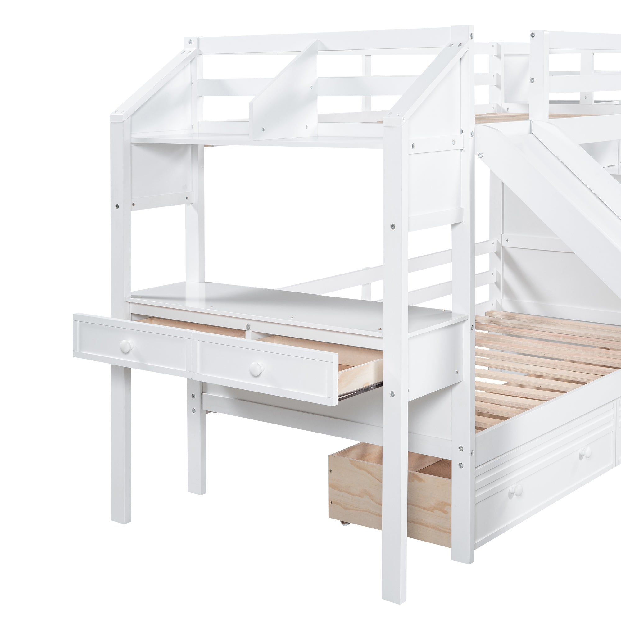 Twin over Twin Bunk Bed with Storage Staircase, Slide and Drawers, Desk with Drawers and Shelves, White - Atlantic Fine Furniture Melbourne FL