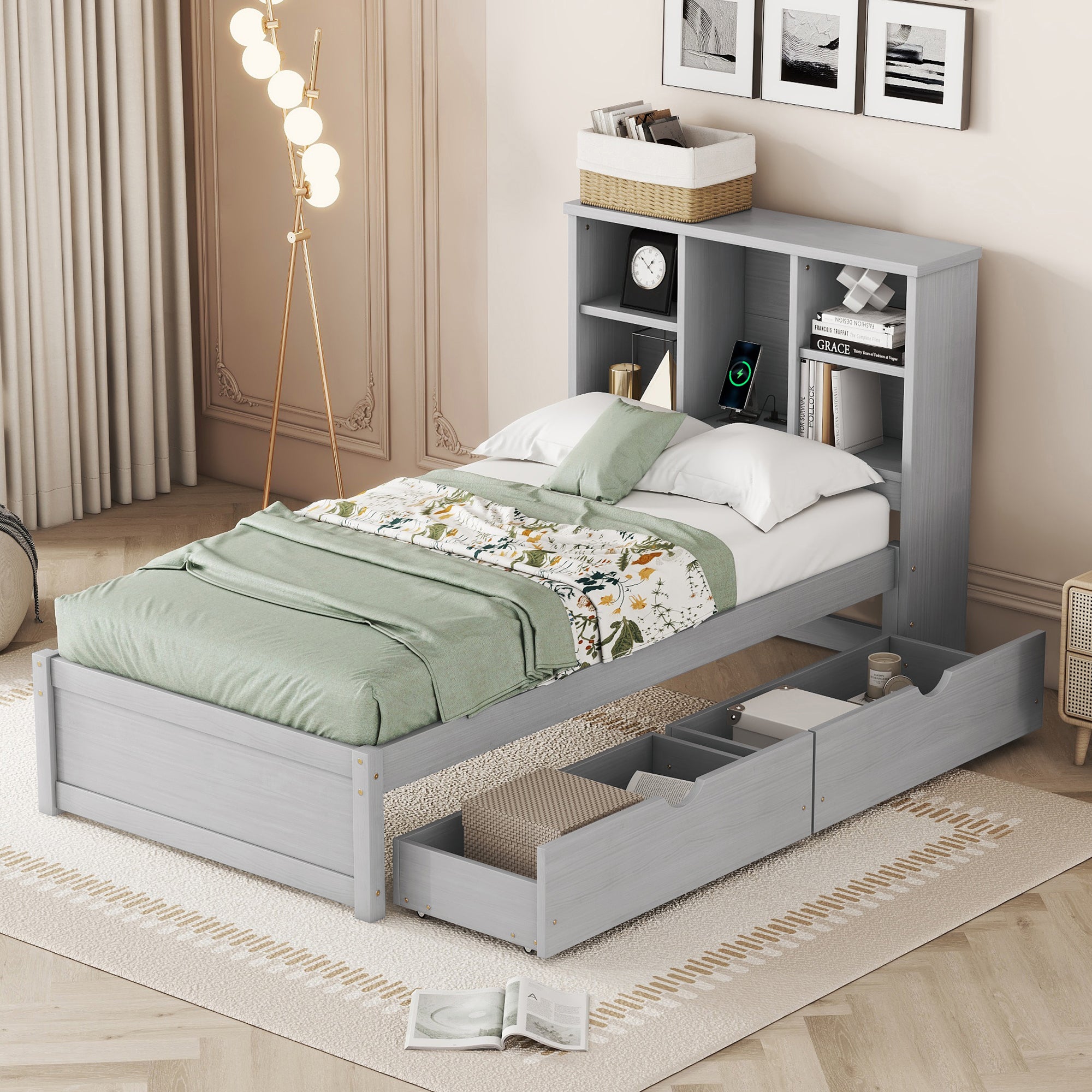 Modern Twin Size Bed Frame With Built-in USB Port on Bookcase Headboard and 2 Drawers for Grey Color - Atlantic Fine Furniture Melbourne FL