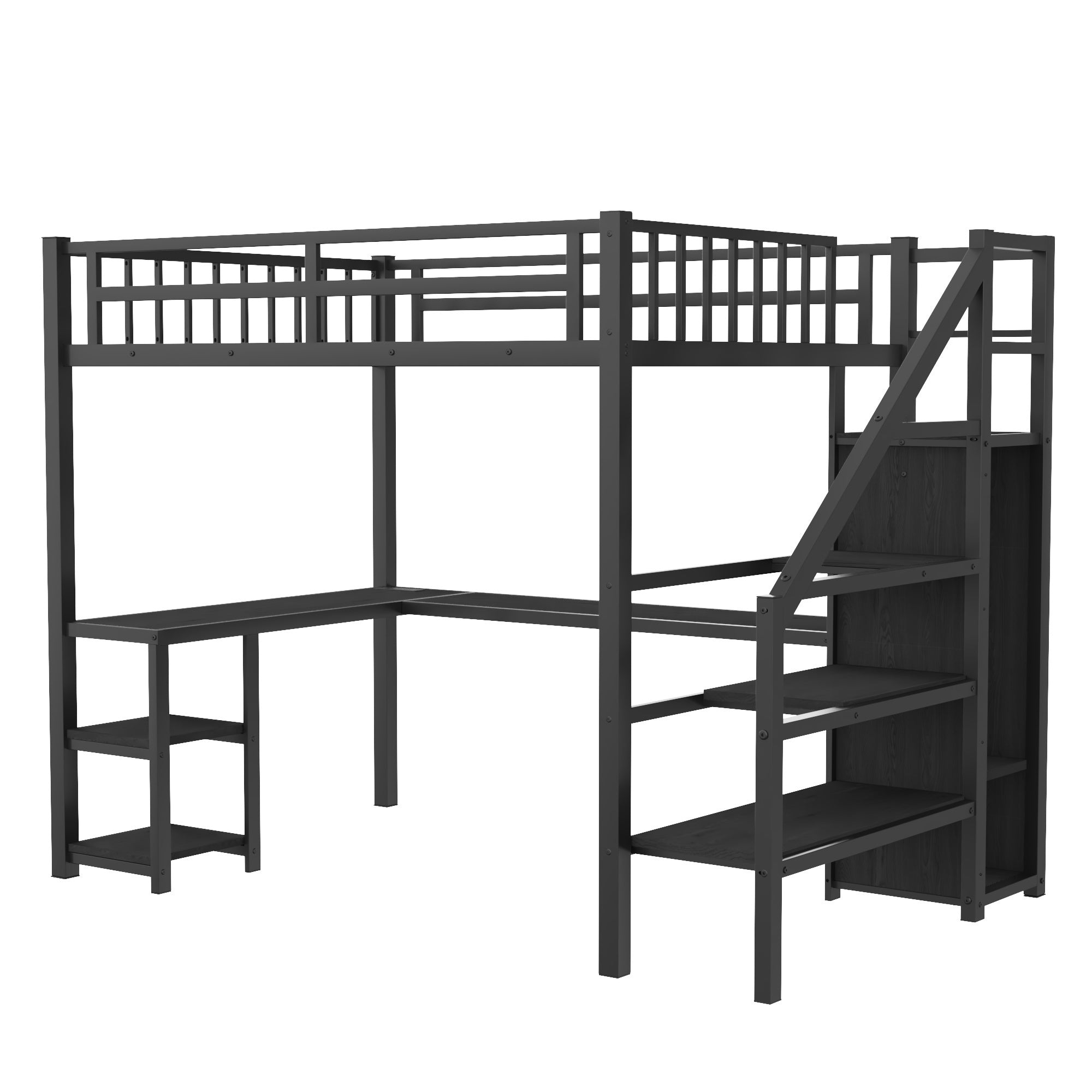 Metal Full Loft Bed with Wardrobe and LED Light, Full Size Loft Bed with L Shaped Desk and USB for Kids Teens Adults, Black (Expect arrival date 2024/5/19)