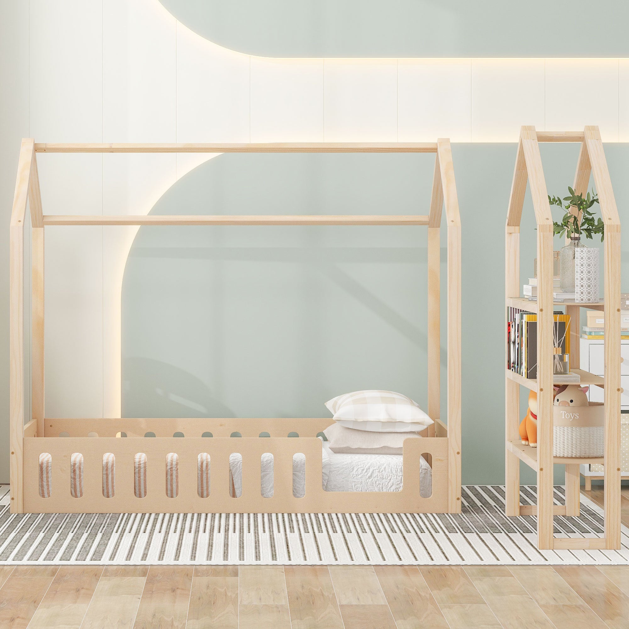 Twin Size Wood House Bed with Fence and Detachable Storage Shelves, Natural - Atlantic Fine Furniture Melbourne FL