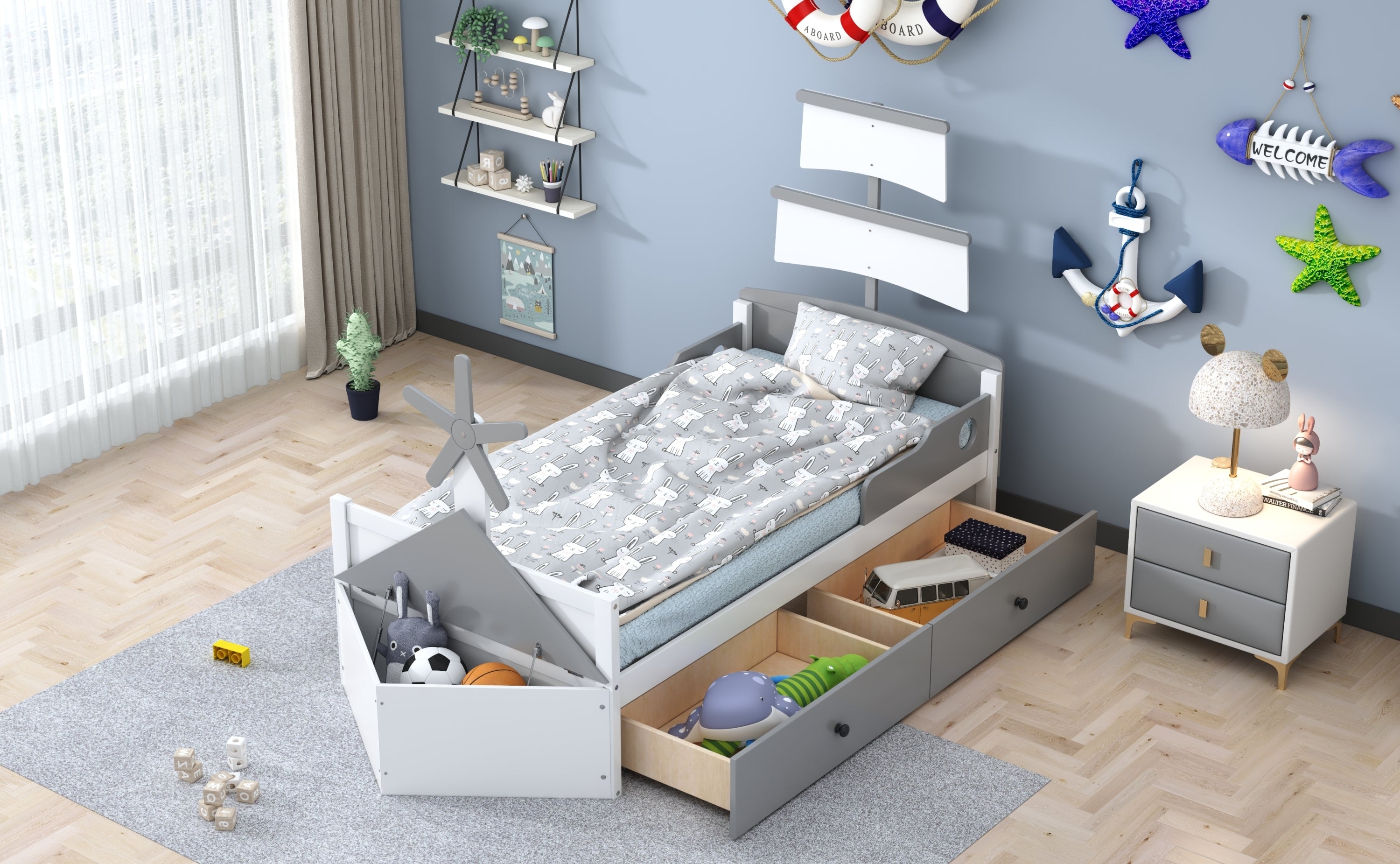 Twin Size Boat-Shaped Platform Bed with 2 Drawers,Twin Bed with Storage for Bedroom,Gray - Atlantic Fine Furniture Melbourne FL