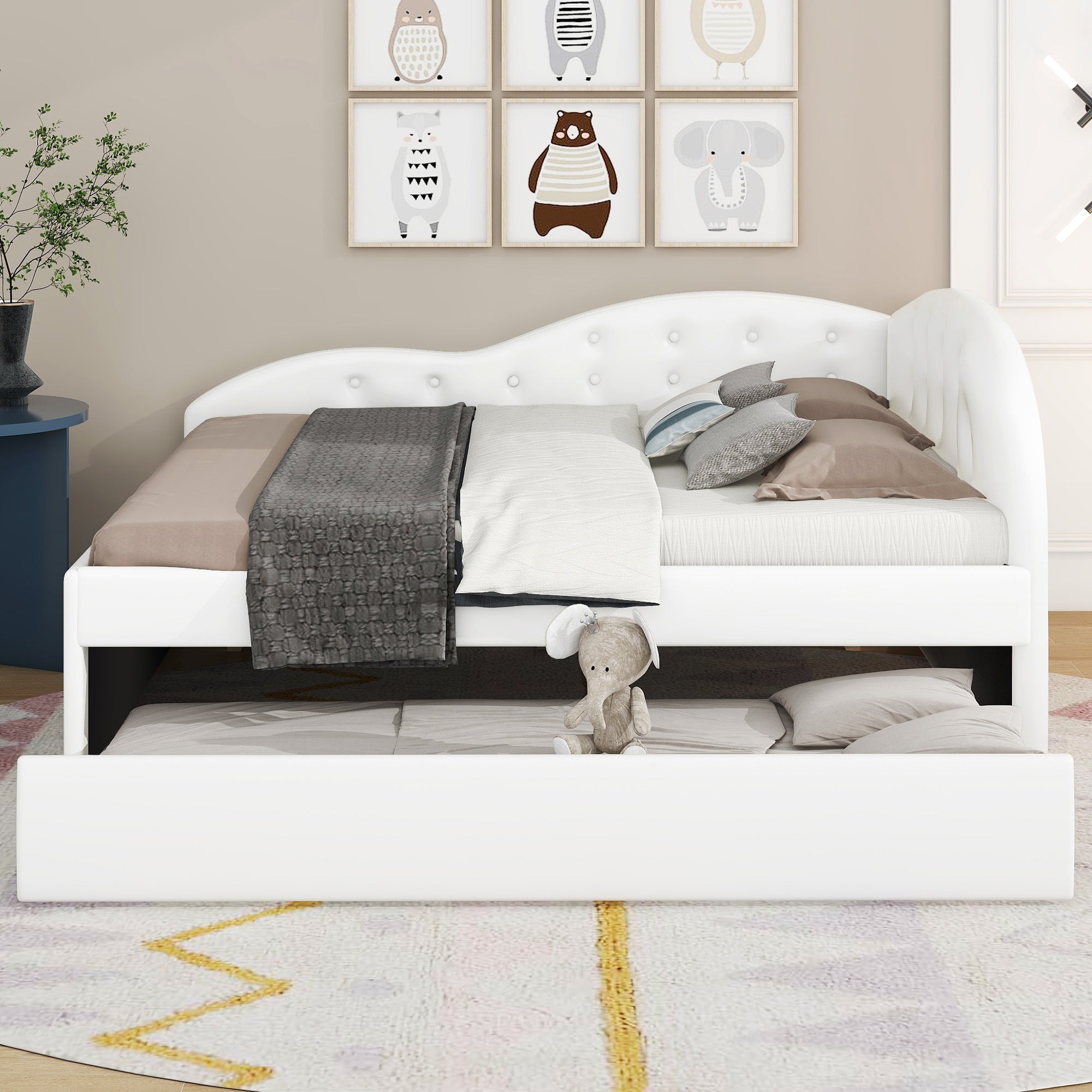 Full Size PU Upholstered Tufted Daybed with Trundle and Cloud Shaped Guardrail, White - Atlantic Fine Furniture Melbourne FL