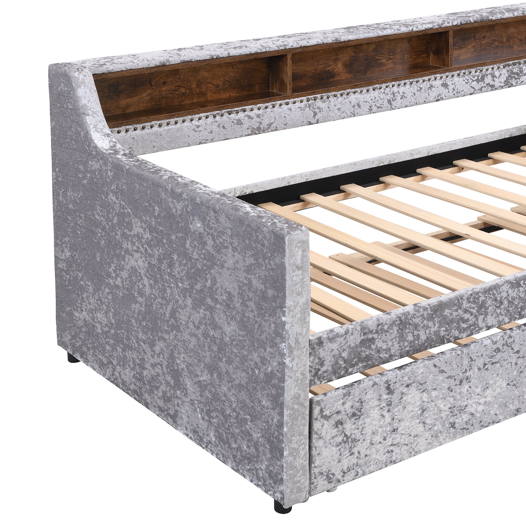Twin Size Snowflake Velvet Daybed with Trundle and Built-in Storage Shelves,Gray - Atlantic Fine Furniture Melbourne FL