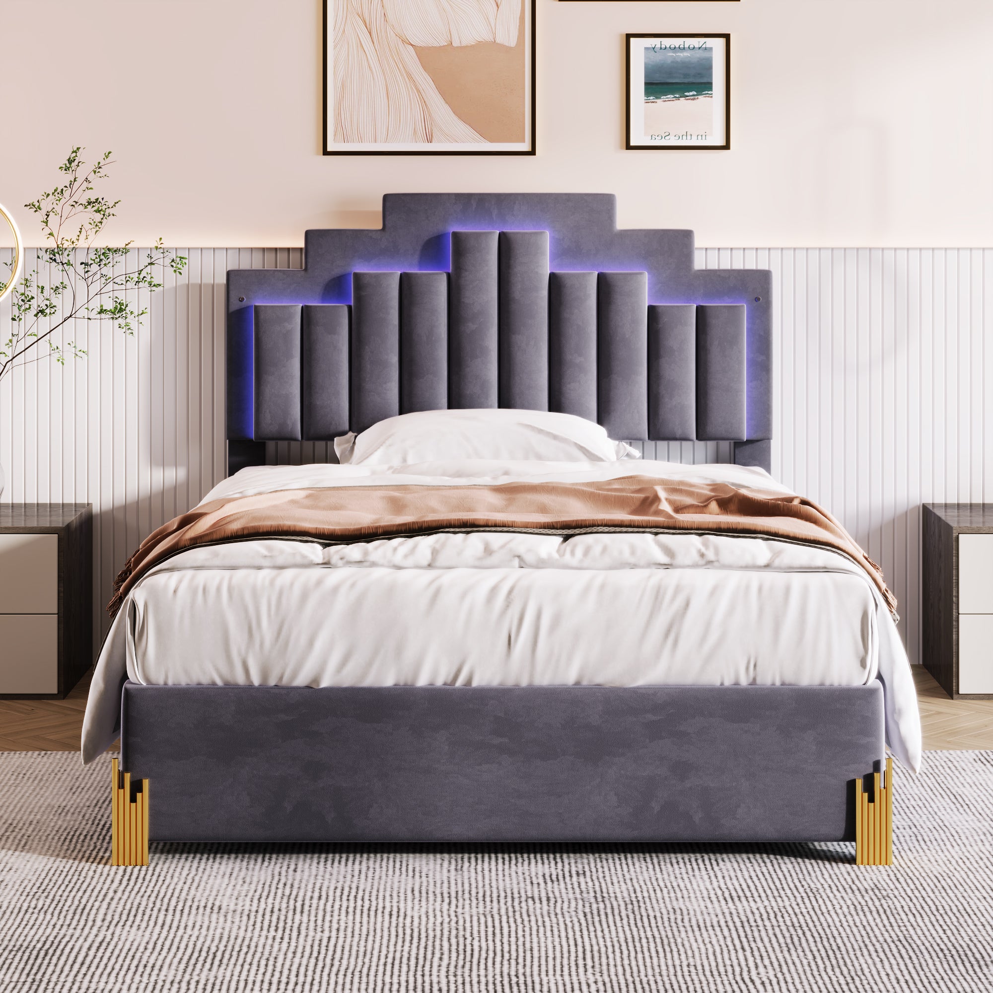 Full Size Upholstered Platform Bed with LED Lights and 4 Drawers, Stylish Irregular Metal Bed Legs Design, Gray - Atlantic Fine Furniture Melbourne FL