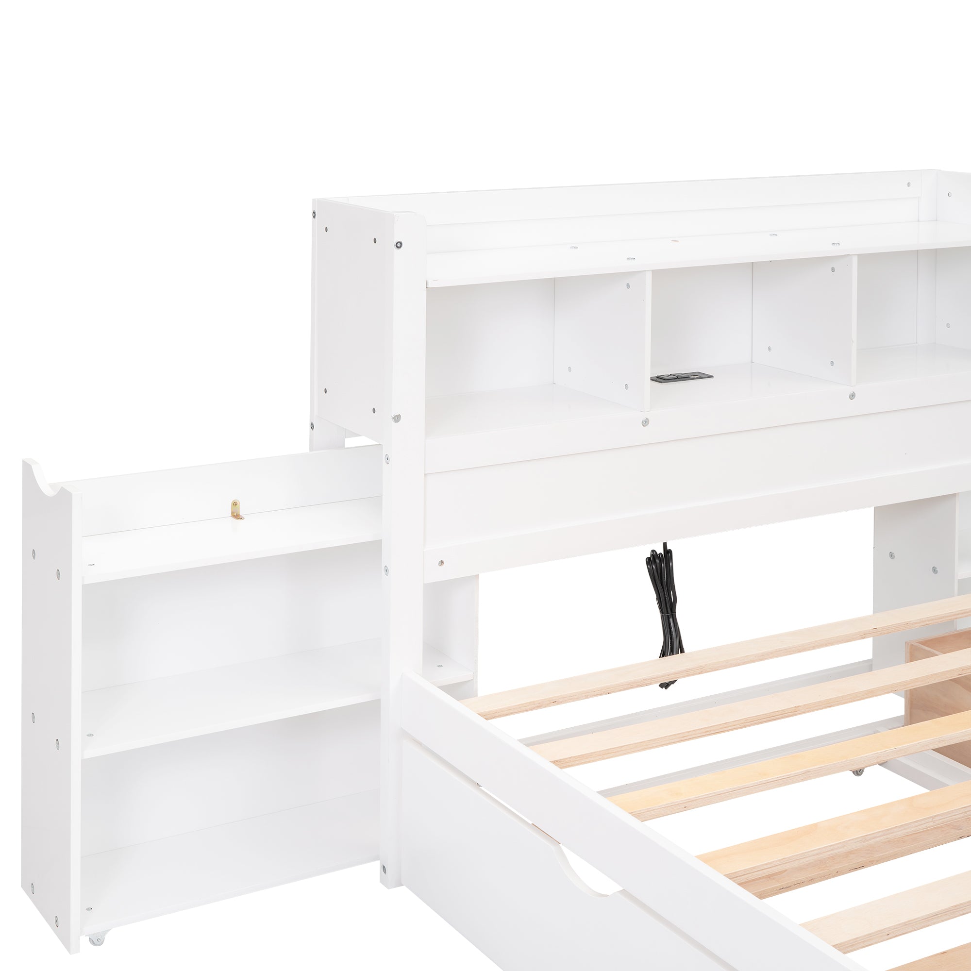 Full Size Storage Platform Bed with Pull Out Shelves, Twin Size Trundle and 2 Drawers, White - Atlantic Fine Furniture Melbourne FL