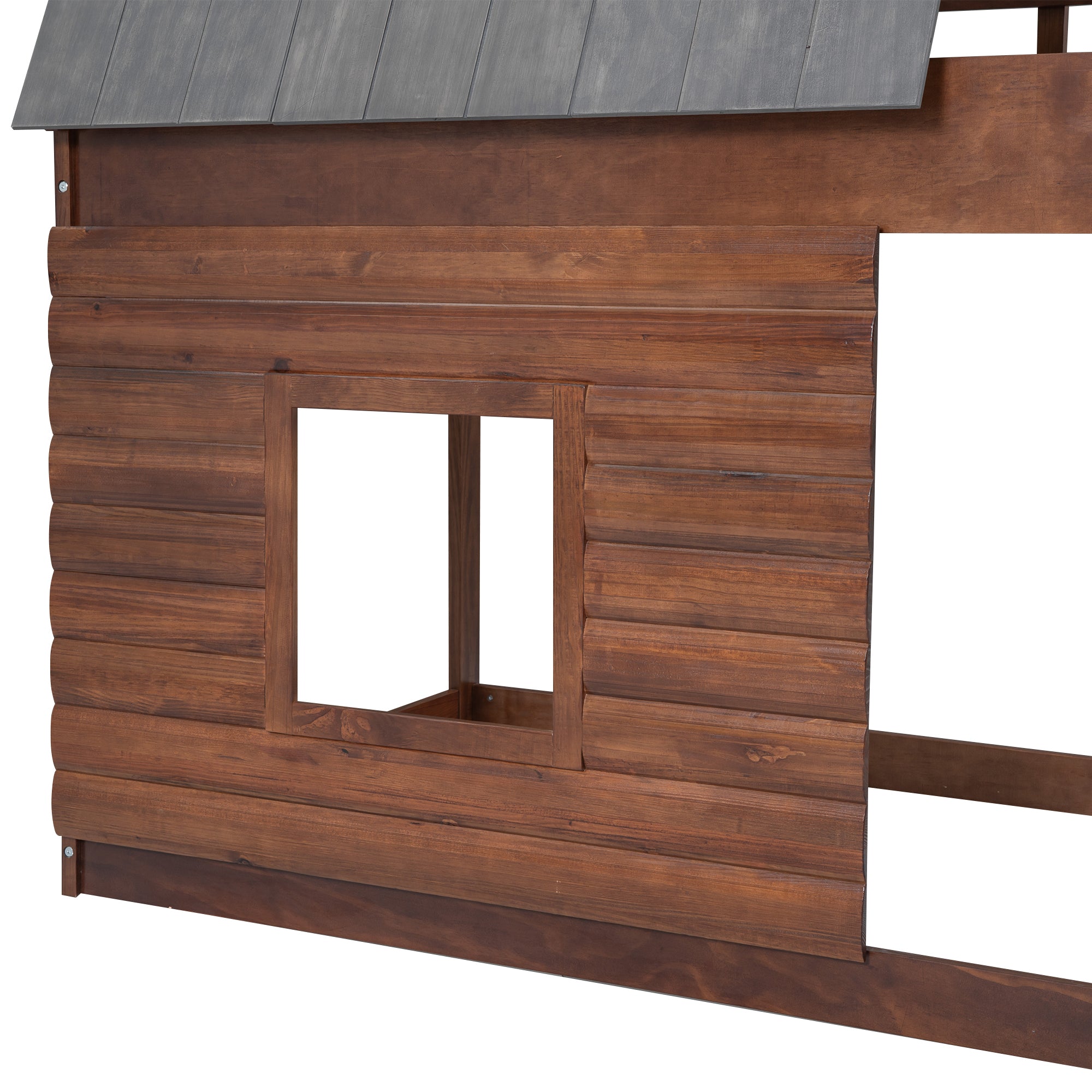 Wood Twin Size House Bunk Bed with Roof, Ladder and 2 Windows, Oak & Smoky Grey - Atlantic Fine Furniture Melbourne FL