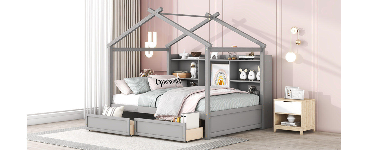 Full Size House Bed with Storage Shelves and 2 Drawers, Brushed Gray - Atlantic Fine Furniture Melbourne FL