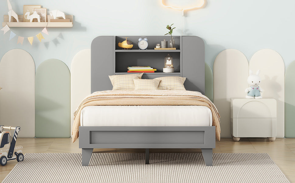 Twin Size Platform Bed with Storage Headboard,Multiple Storage Shelves on Both Sides,Grey - Atlantic Fine Furniture Melbourne FL