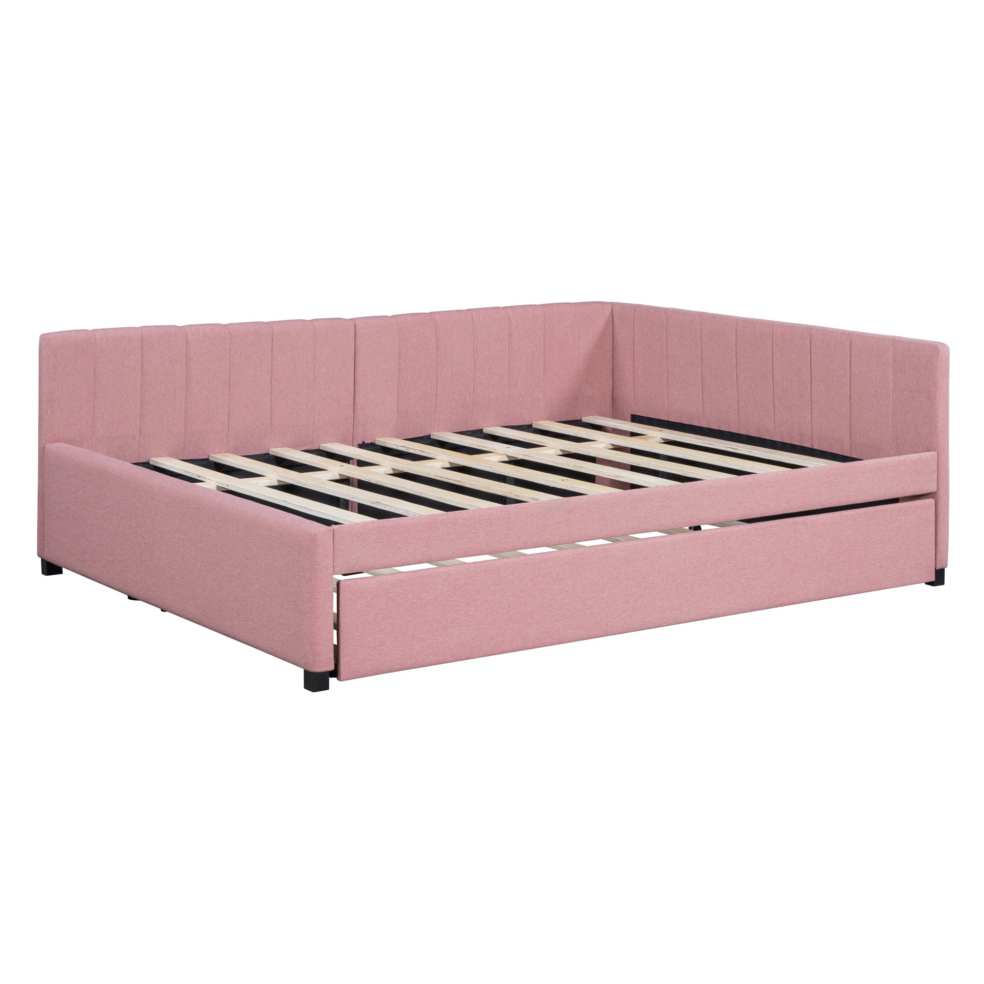 Full Size Upholstered Daybed with Trundle Sofa Bed Frame No Box Spring Needed, Linen Fabric(Pink) - Atlantic Fine Furniture Melbourne FL