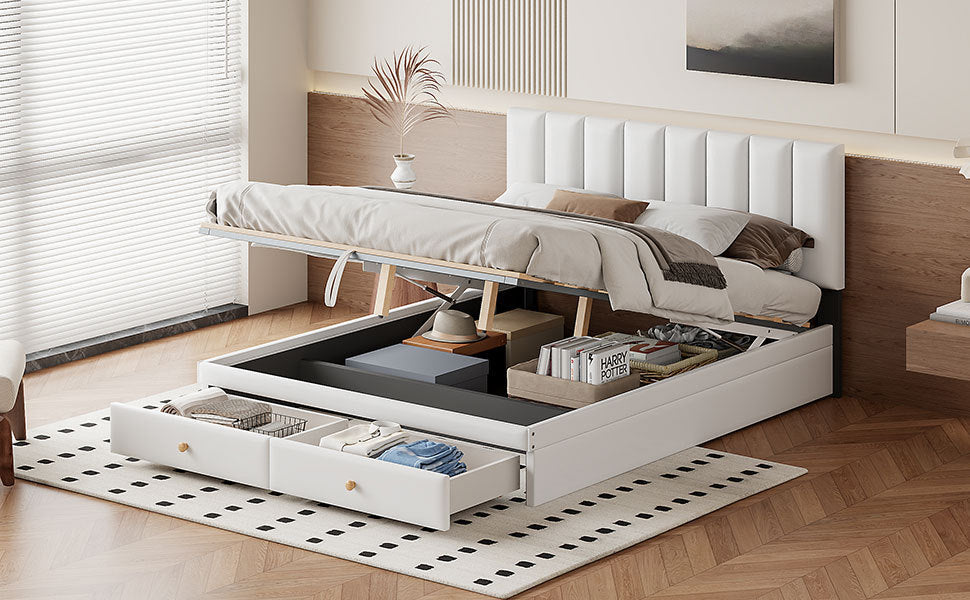 Queen Size Upholstered Bed with Hydraulic Storage System and Drawer, White - Atlantic Fine Furniture Melbourne FL