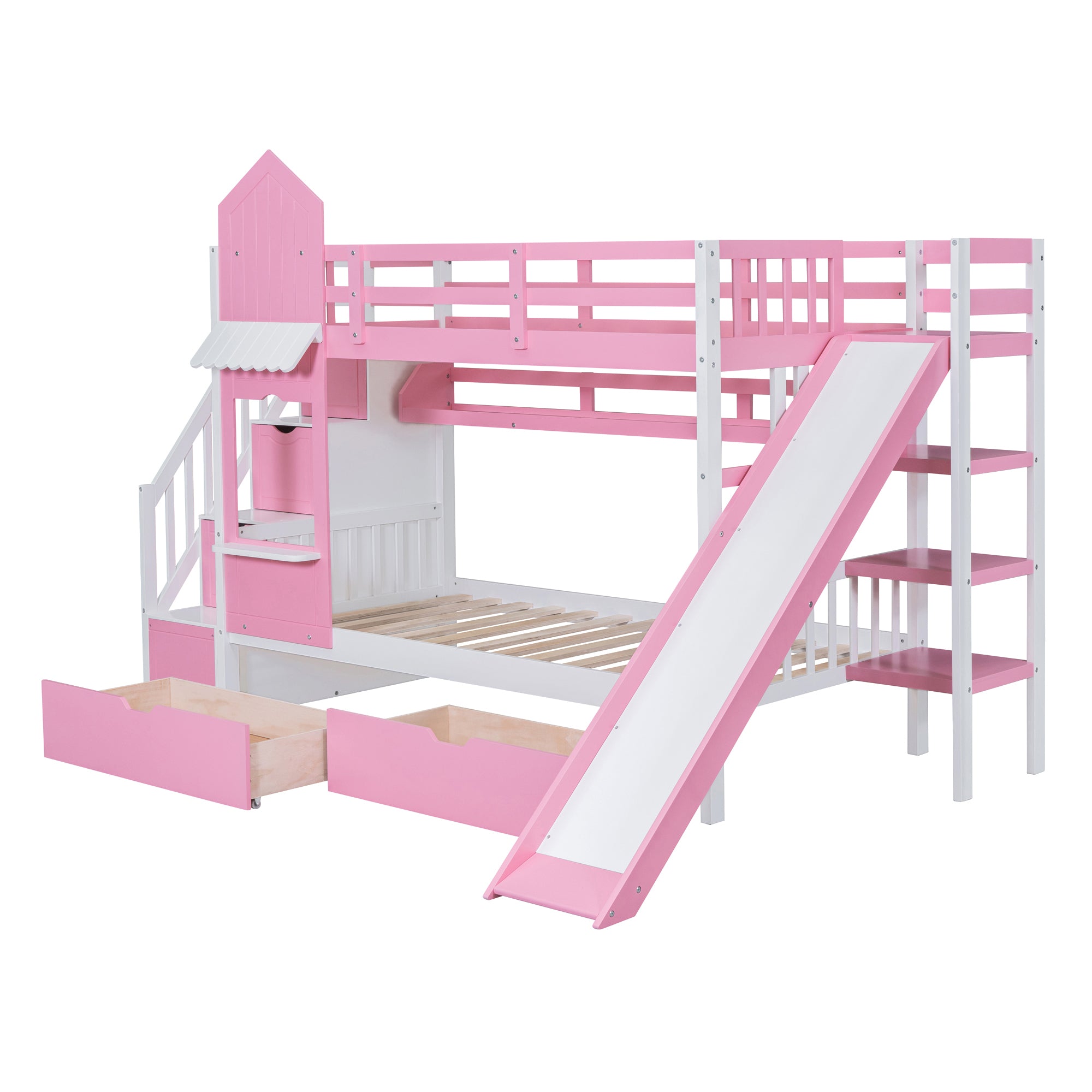 Twin-Over-Twin Castle Style Bunk Bed with 2 Drawers 3 Shelves and Slide - Pink - Atlantic Fine Furniture Melbourne FL