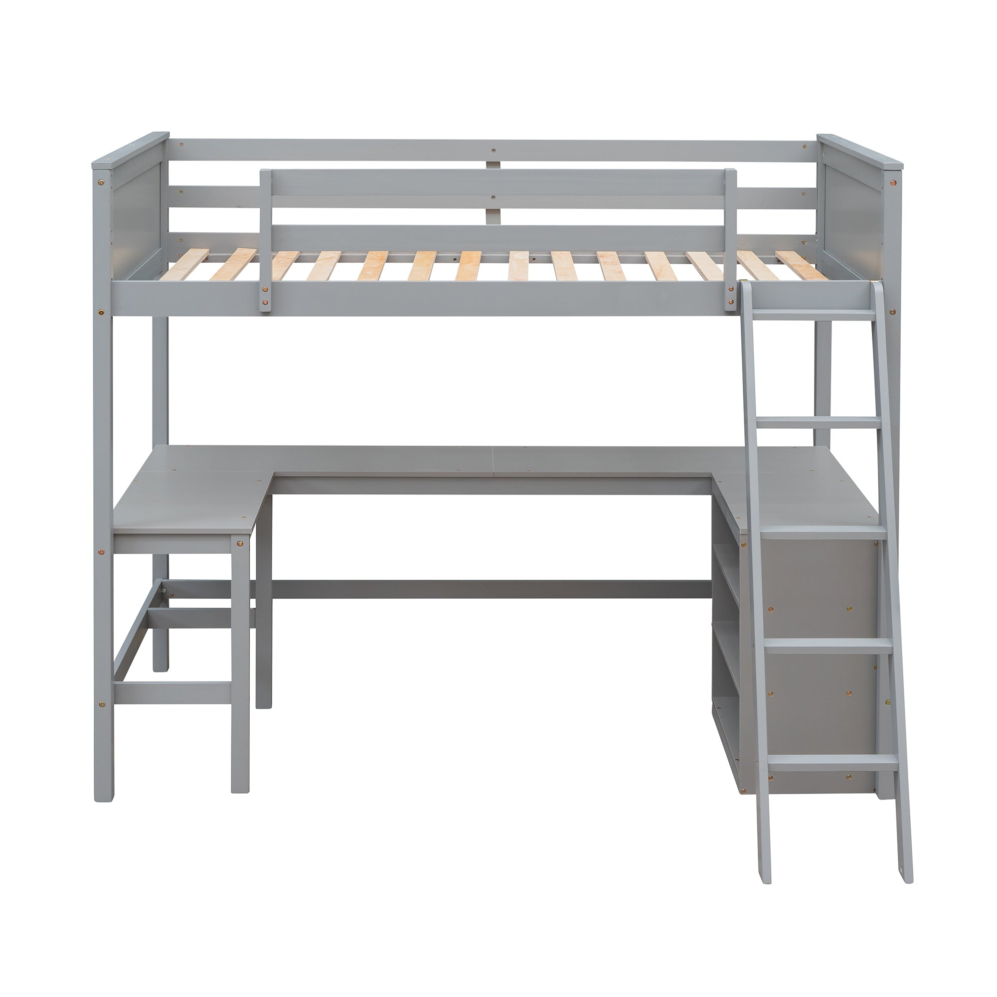 Twin size Loft Bed with Shelves and Desk, Wooden Loft Bed with Desk - Gray(OLD SKU:LT000537AAE) - Atlantic Fine Furniture Melbourne FL