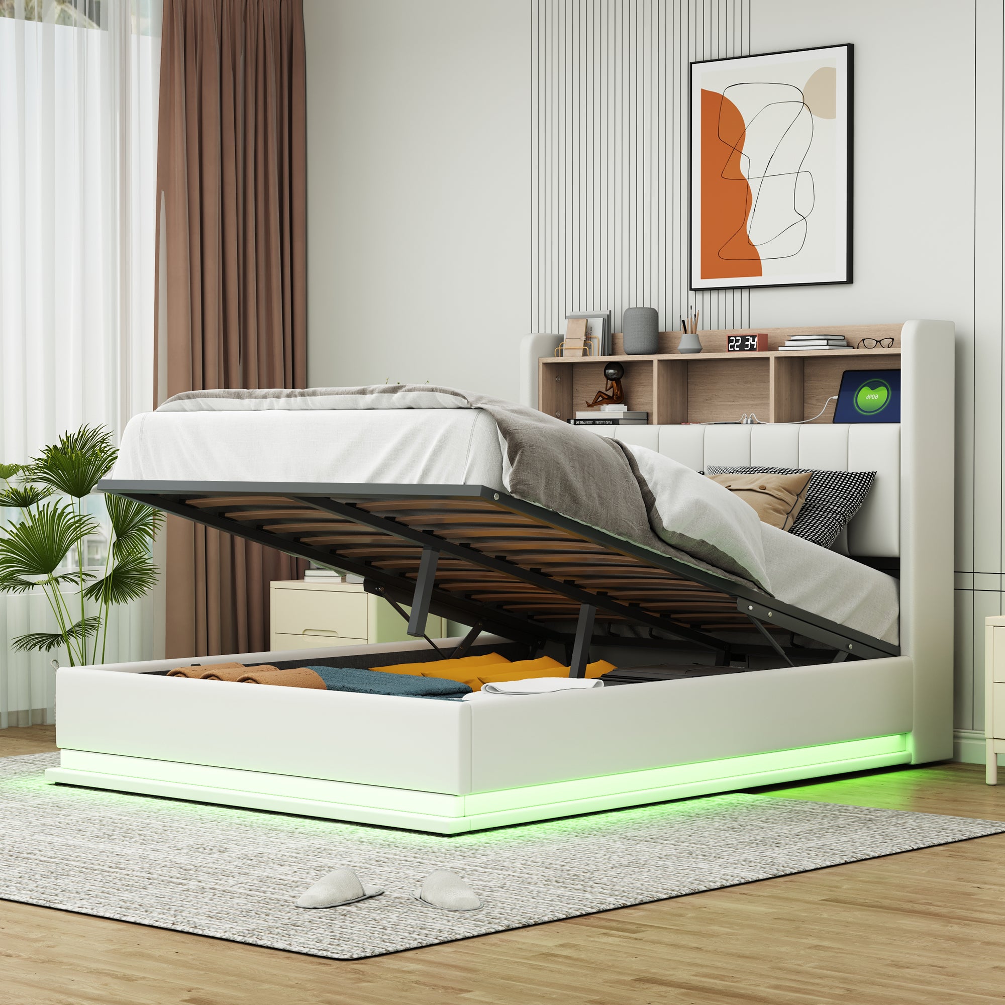 Full Size Upholstered Platform Bed with Storage Headboard and Hydraulic Storage System, PU Storage Bed with LED Lights and USB charger, White - Atlantic Fine Furniture Melbourne FL