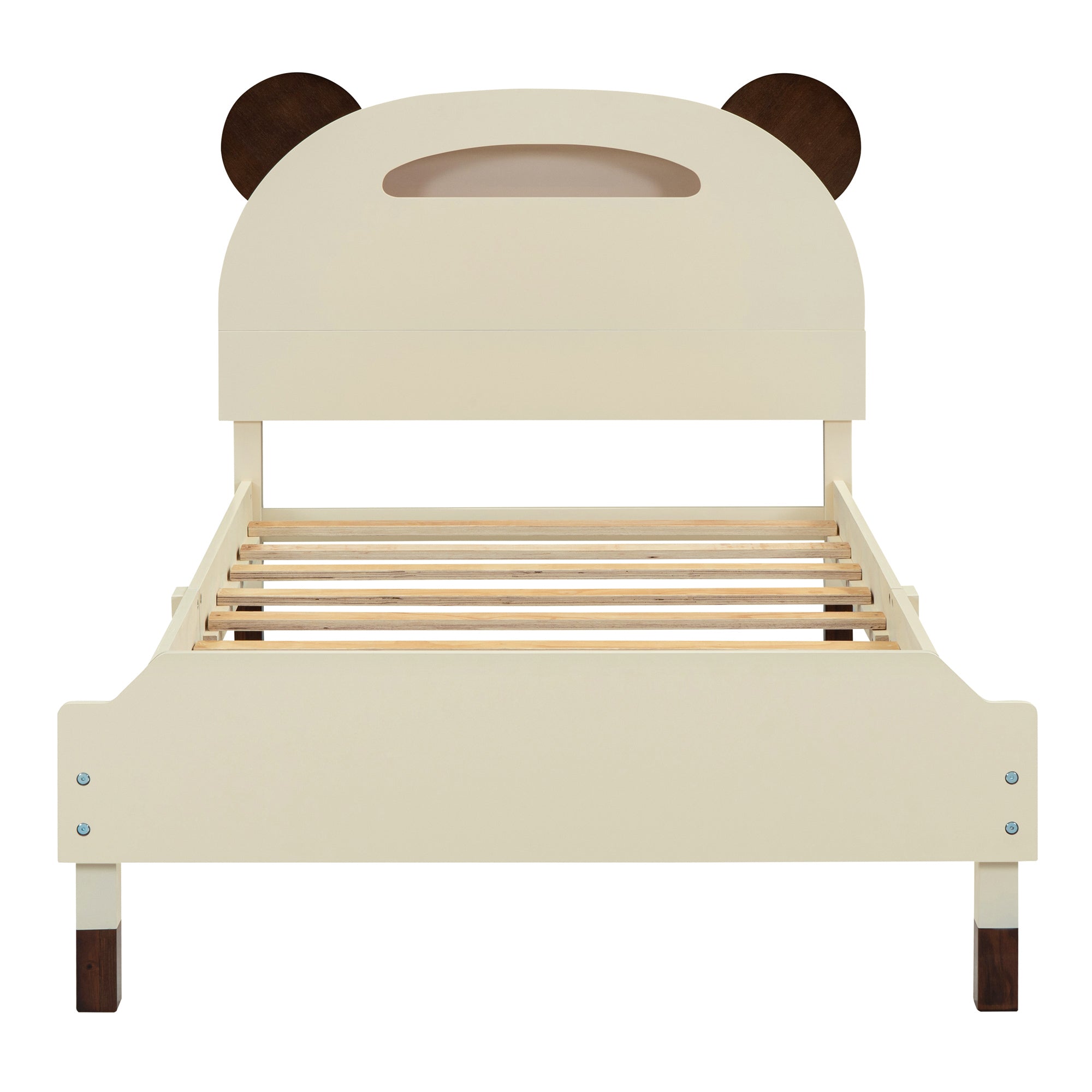 Twin Size Wood Platform Bed with Bear-shaped Headboard,Bed with Motion Activated Night Lights,Cream+Walnut - Atlantic Fine Furniture Melbourne FL