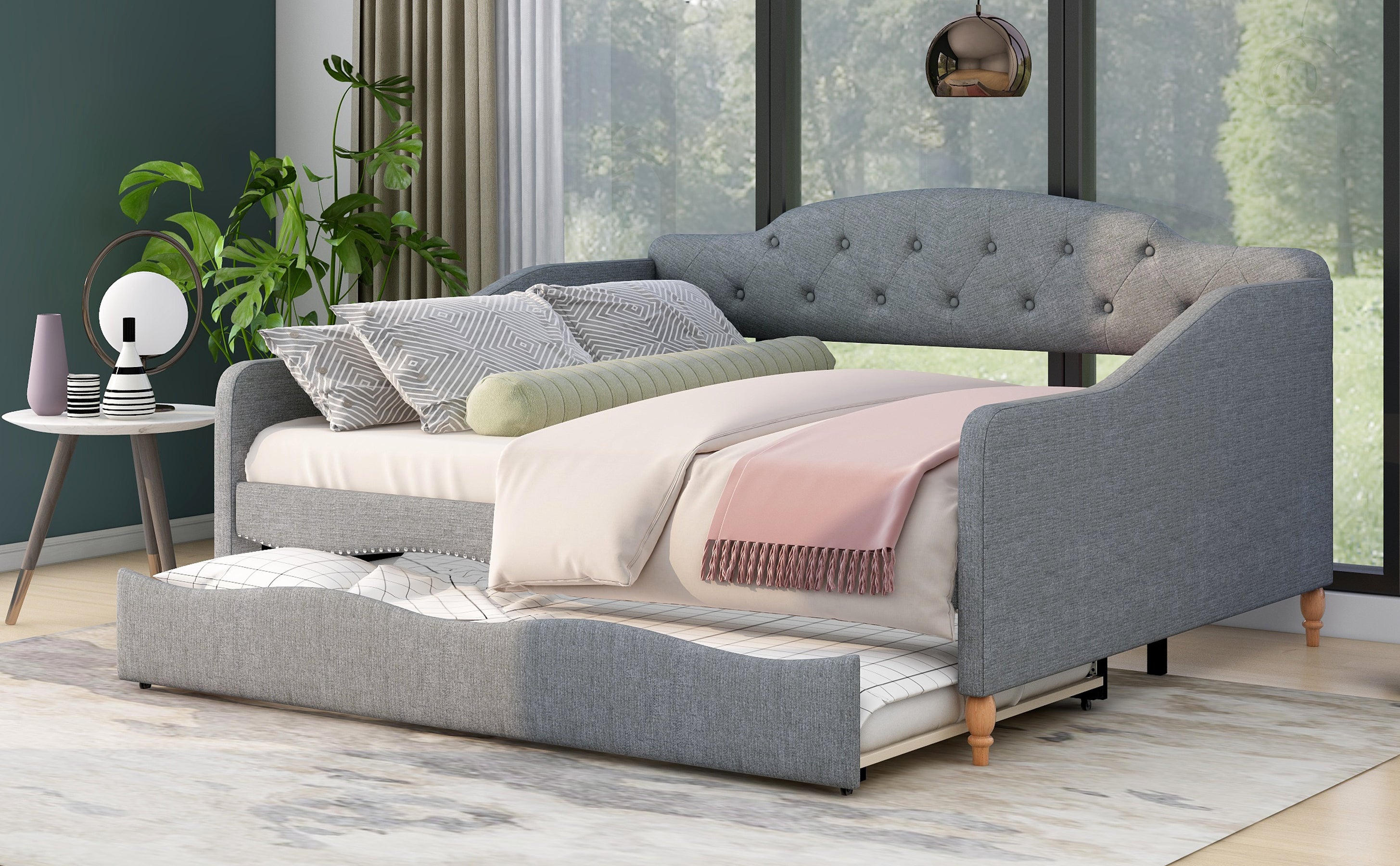 Full Size Vintage Upholstery Daybed with Trundle,Gray - Atlantic Fine Furniture Melbourne FL