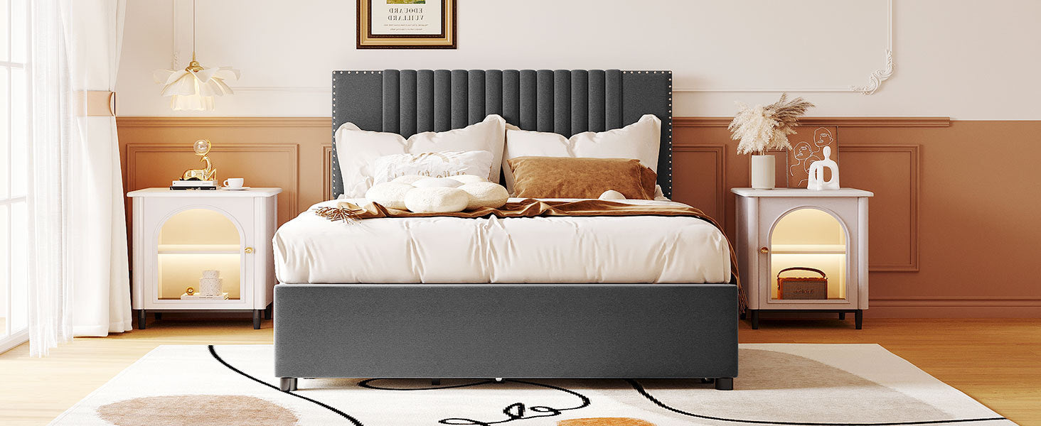 Full Size Upholstered Platform Bed with 2 Drawers and 1 Twin Size Trundle, Classic Headboard Design, Gray - Atlantic Fine Furniture Melbourne FL