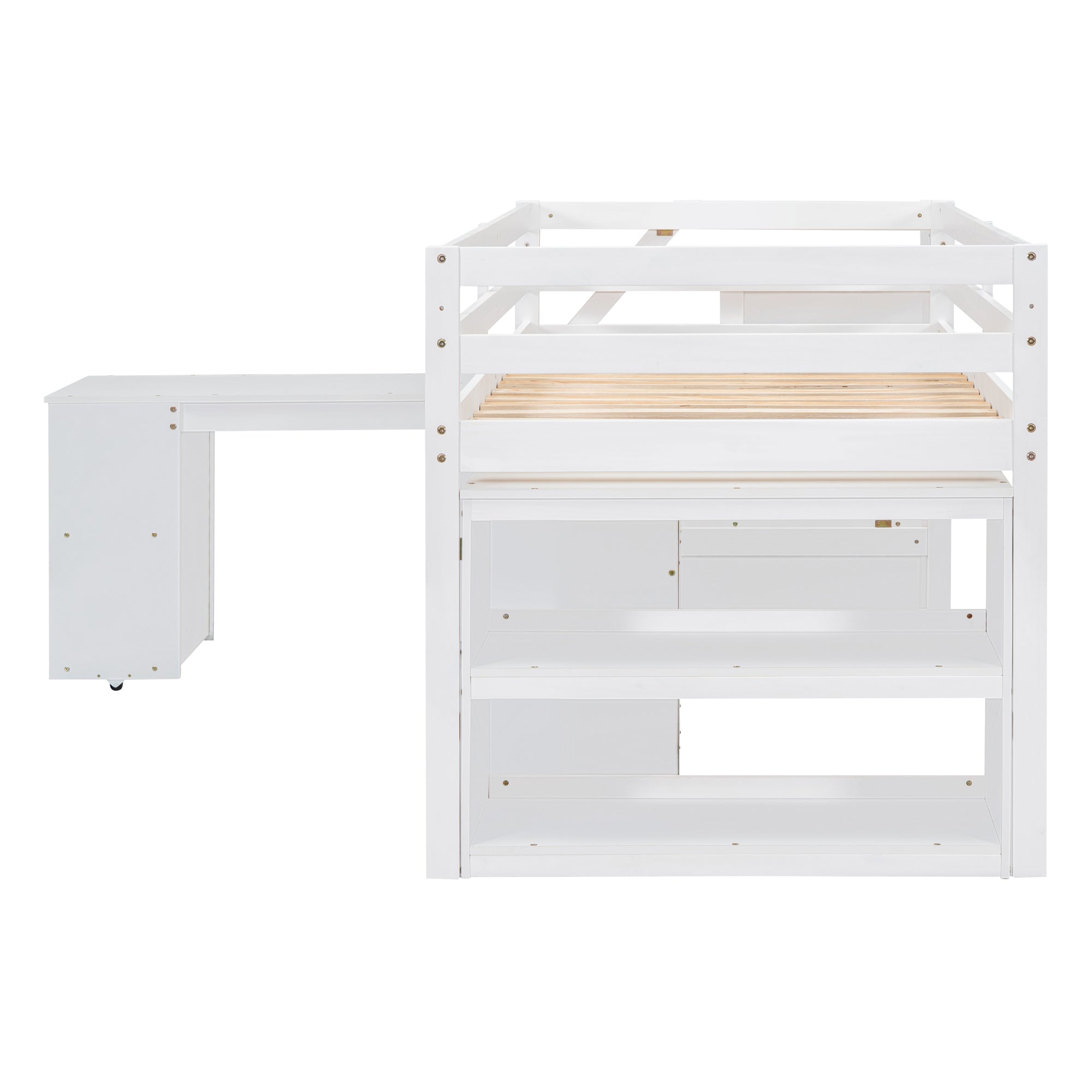 Twin Size Loft Bed with Retractable Writing Desk and 3 Drawers, Wooden Loft Bed with Storage Stairs and Shelves, White - Atlantic Fine Furniture Melbourne FL