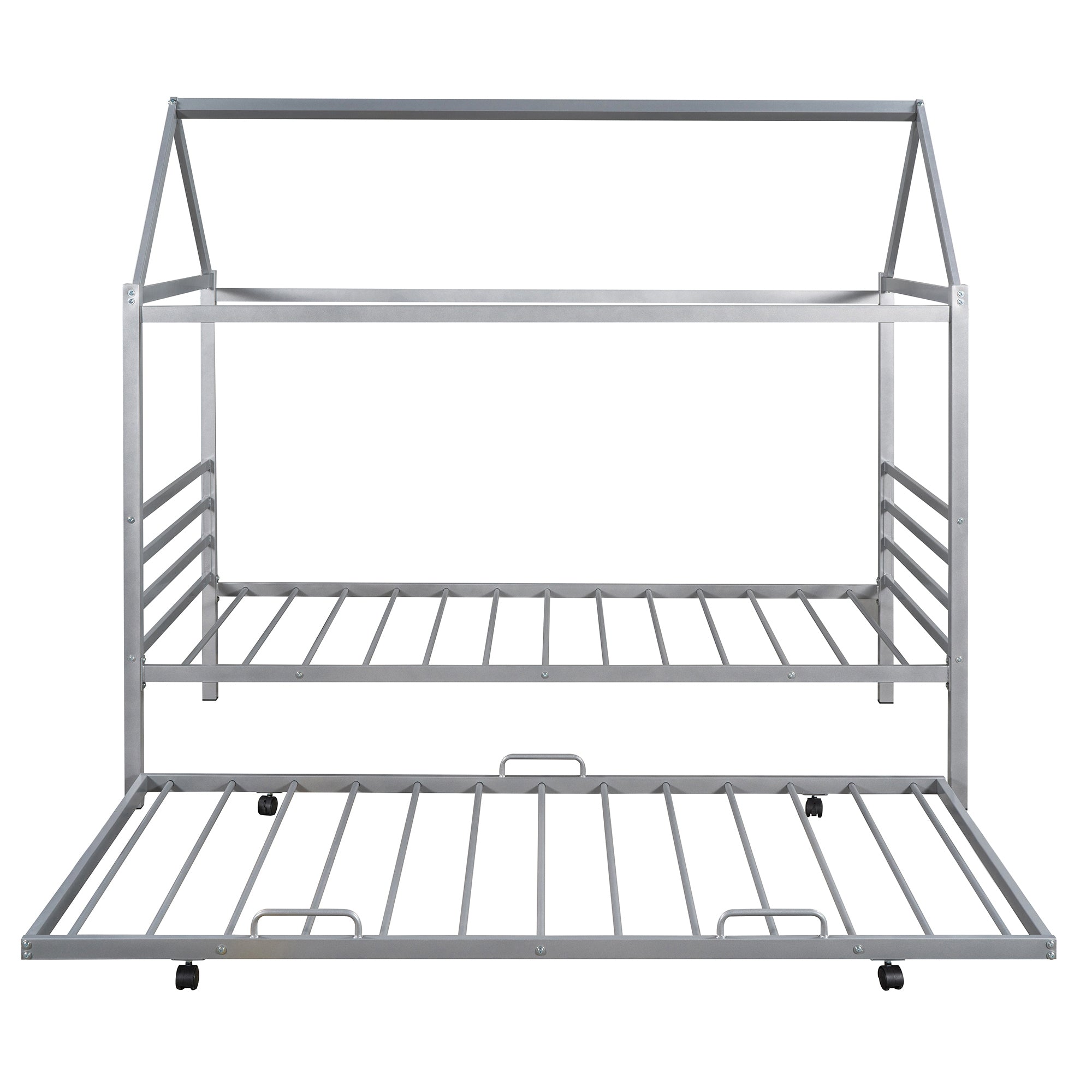 Twin Size Metal House Shape Platform Bed with Trundle,Silver - Atlantic Fine Furniture Melbourne FL