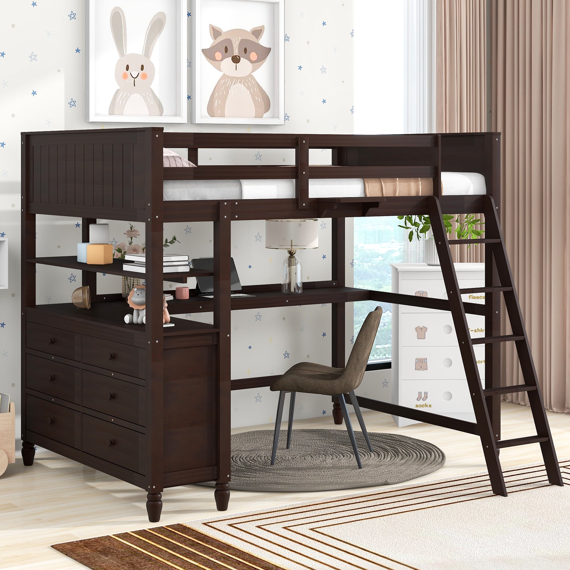 Full size Loft Bed with Drawers and Desk, Wooden Loft Bed with Shelves - Espresso(OLD SKU:LT001529AAP) - Atlantic Fine Furniture Melbourne FL