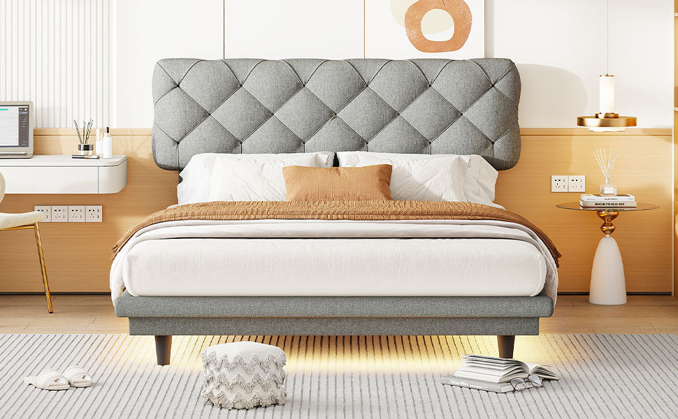Full Size Upholstered Bed with Light Stripe, Floating Platform Bed, Linen Fabric,Gray - Atlantic Fine Furniture Melbourne FL