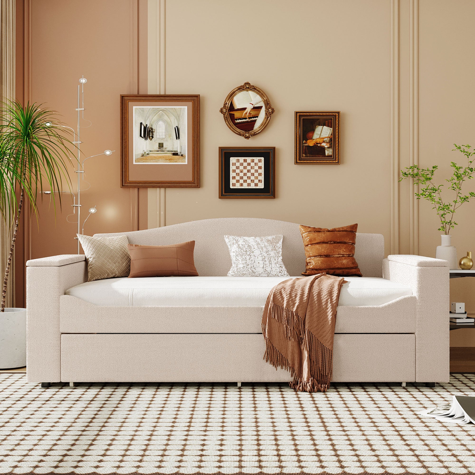 Twin Size Upholstered Daybed with Storage Armrests, Trundle and Latest Integrated Bluetooth Audio System, Teddy Fleece, Beige - Atlantic Fine Furniture Melbourne FL
