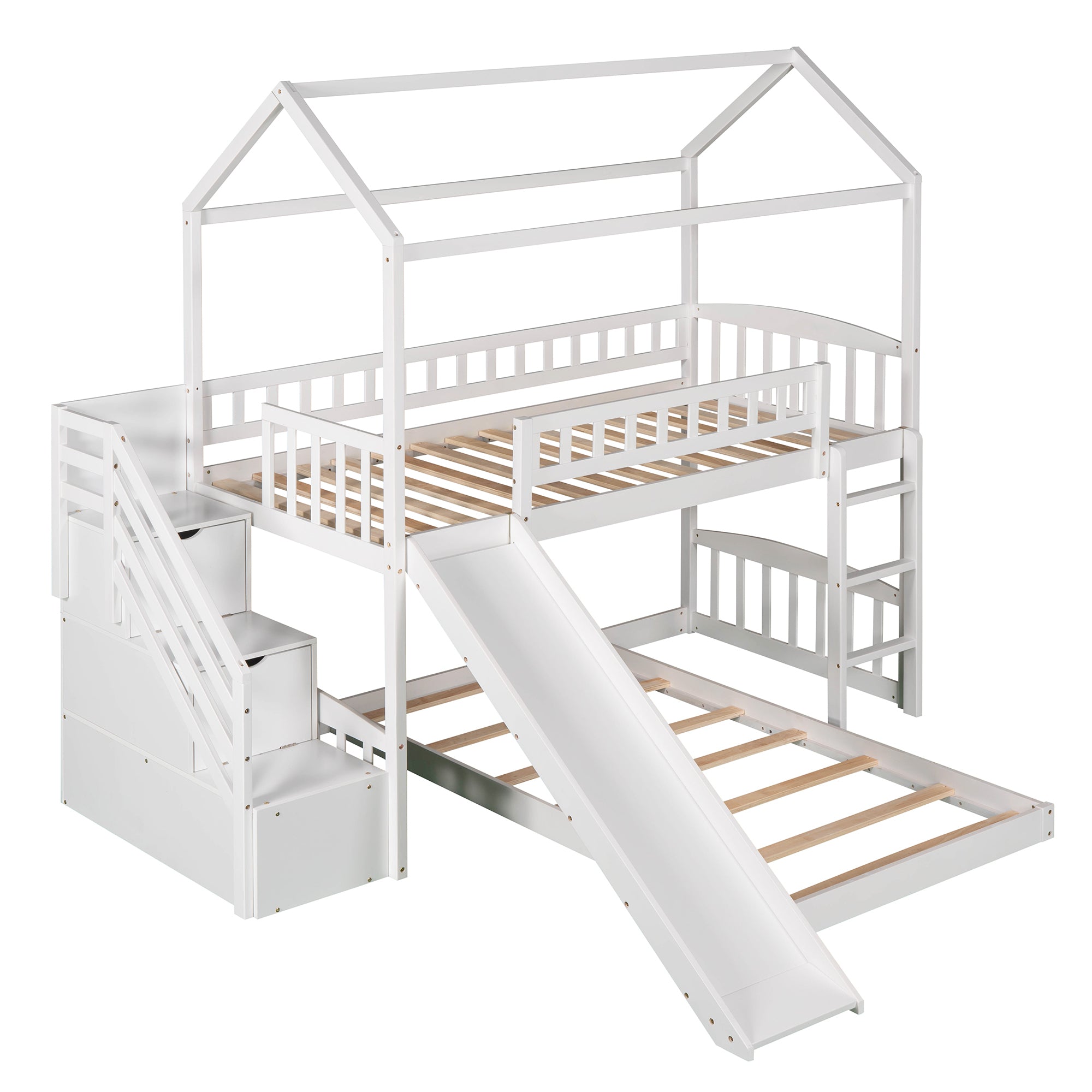 Twin Over Twin Bunk Bed with Two Drawers and Slide, House Bed with Slide, White(OLD SKU :LP000129AAK) - Atlantic Fine Furniture Melbourne FL