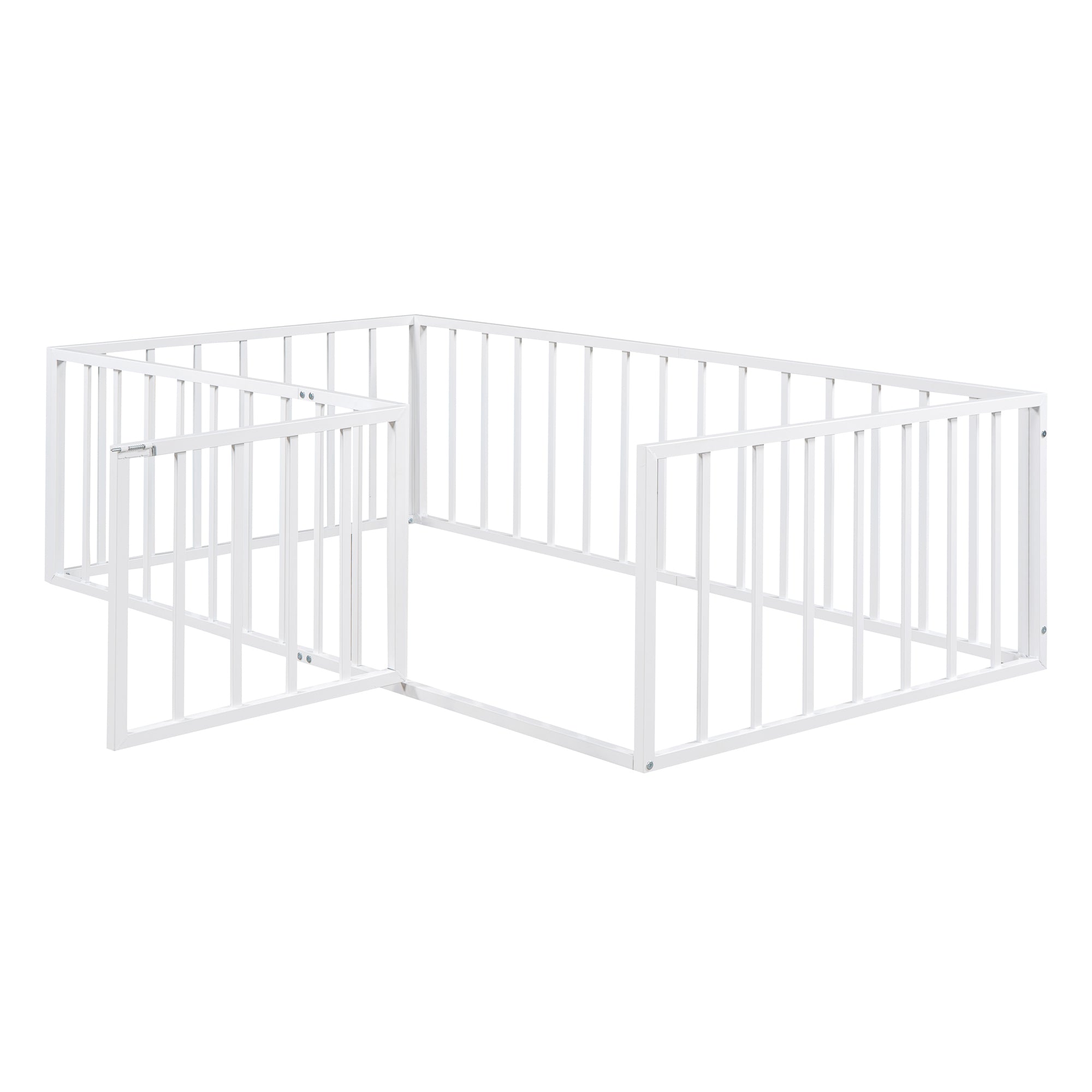 Twin Size Metal Floor Bed Frame with Fence and Door, White