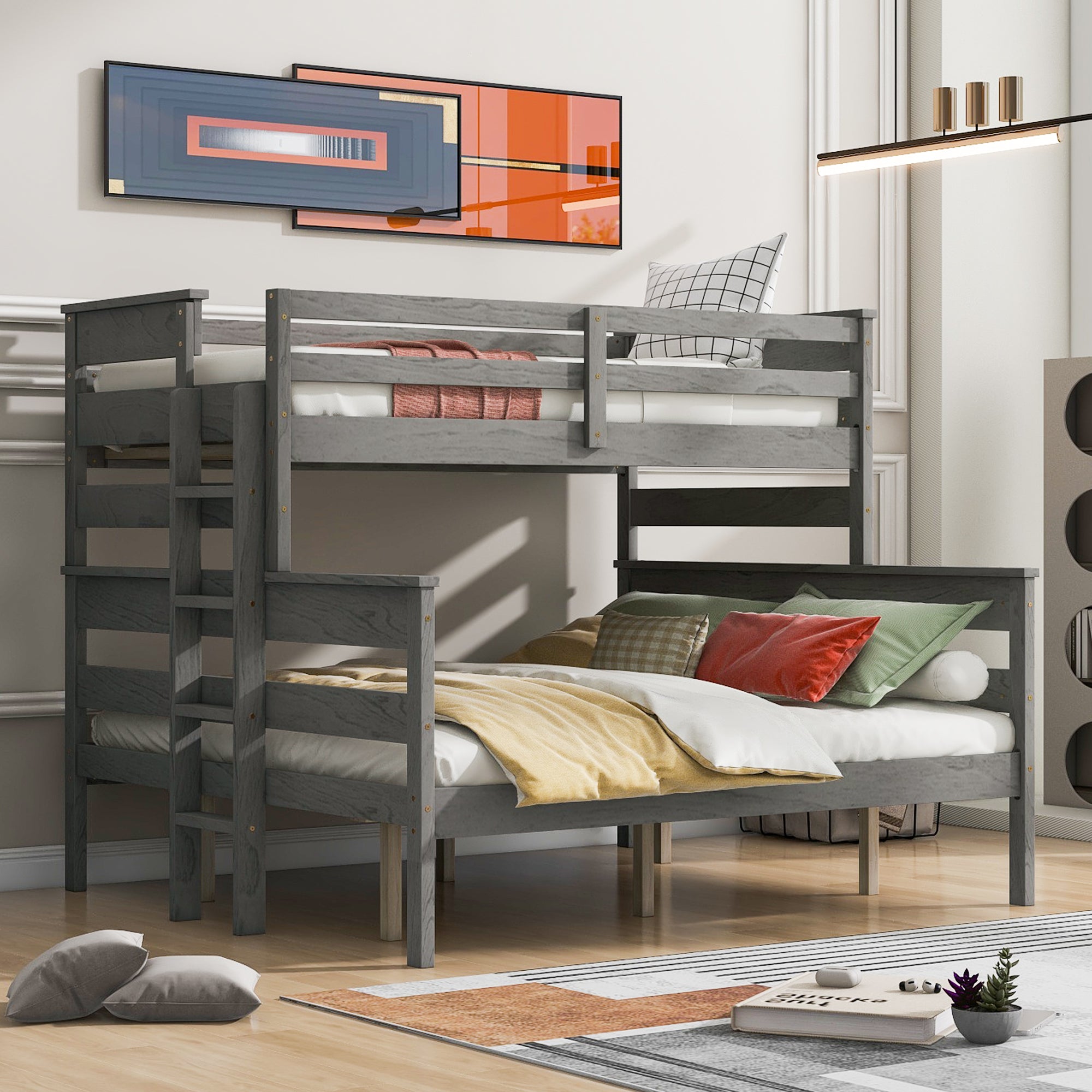 Wood Twin XL over Queen Bunk Bed with Ladder, Gray - Atlantic Fine Furniture Melbourne FL