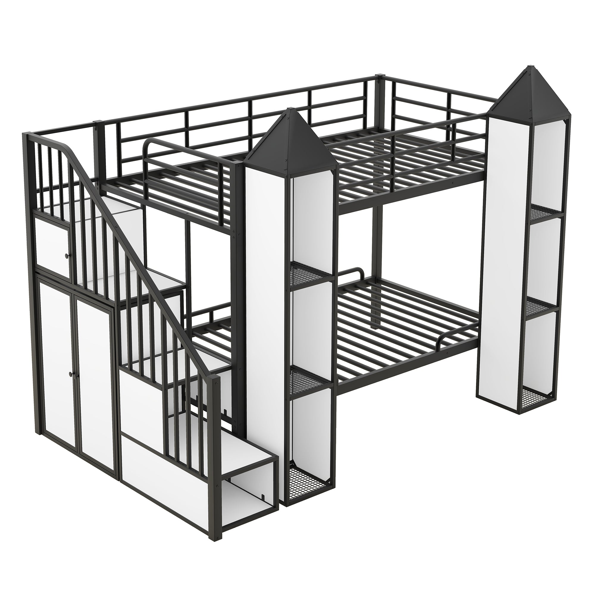 Metal Twin over Twin Castle-shaped Bunk Bed with Wardrobe and Multiple Storage, Black+White - Atlantic Fine Furniture Melbourne FL