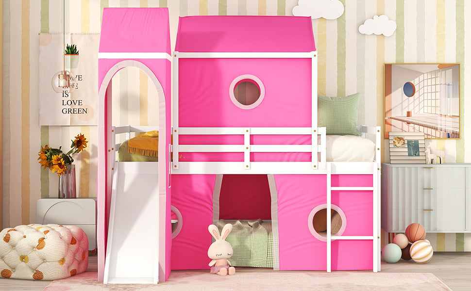 Twin Size Bunk Bed with Slide Pink Tent and Tower - Pink