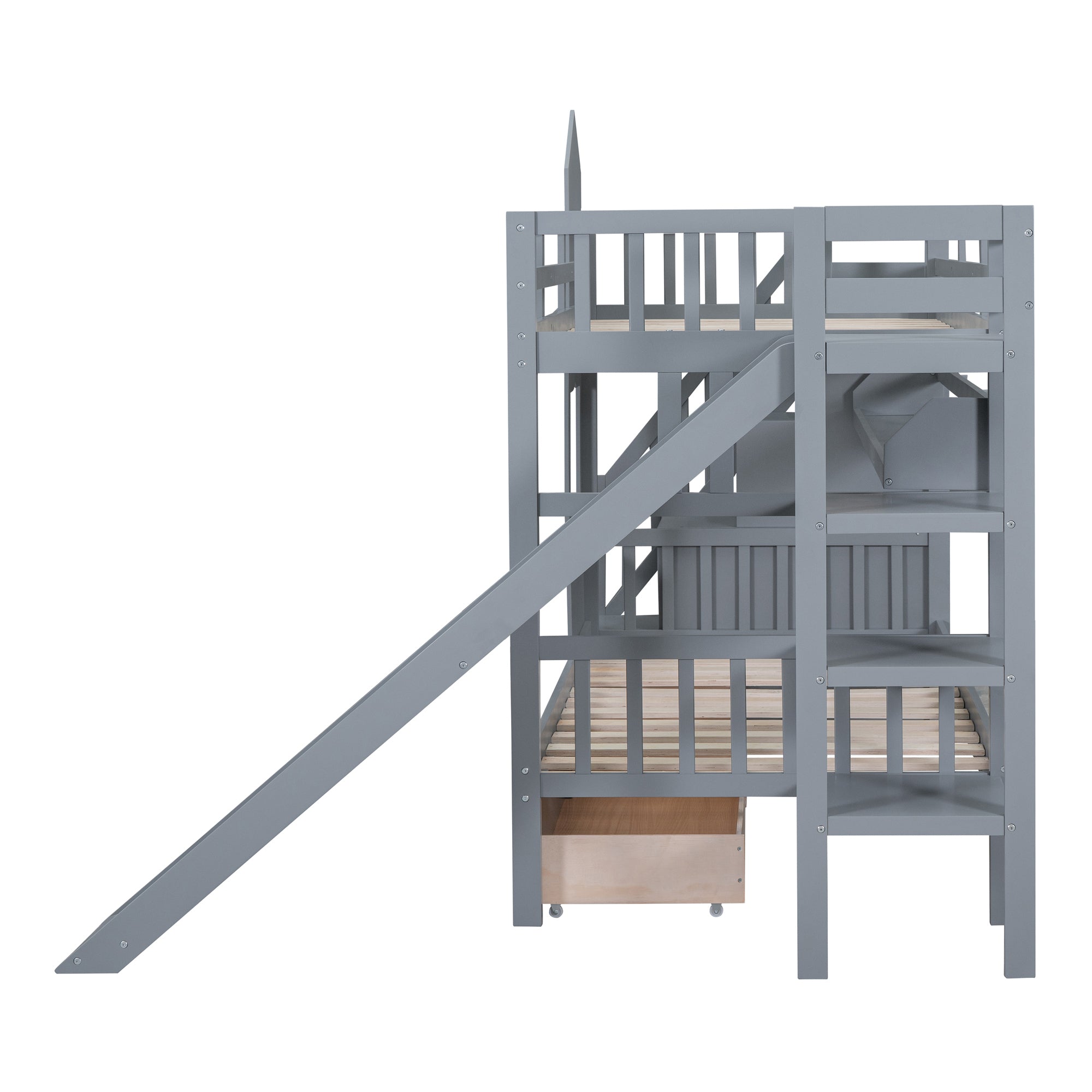 Twin-Over-Twin Castle Style Bunk Bed with 2 Drawers 3 Shelves and Slide - Gray - Atlantic Fine Furniture Melbourne FL