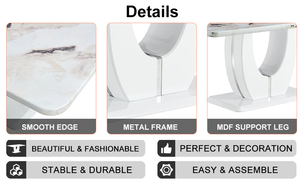 Table and chair set, modern minimalism and luxurious white rectangular pattern dining table. Soft and comfortable dining chair, for dining room, living room, terrace and kitchen.