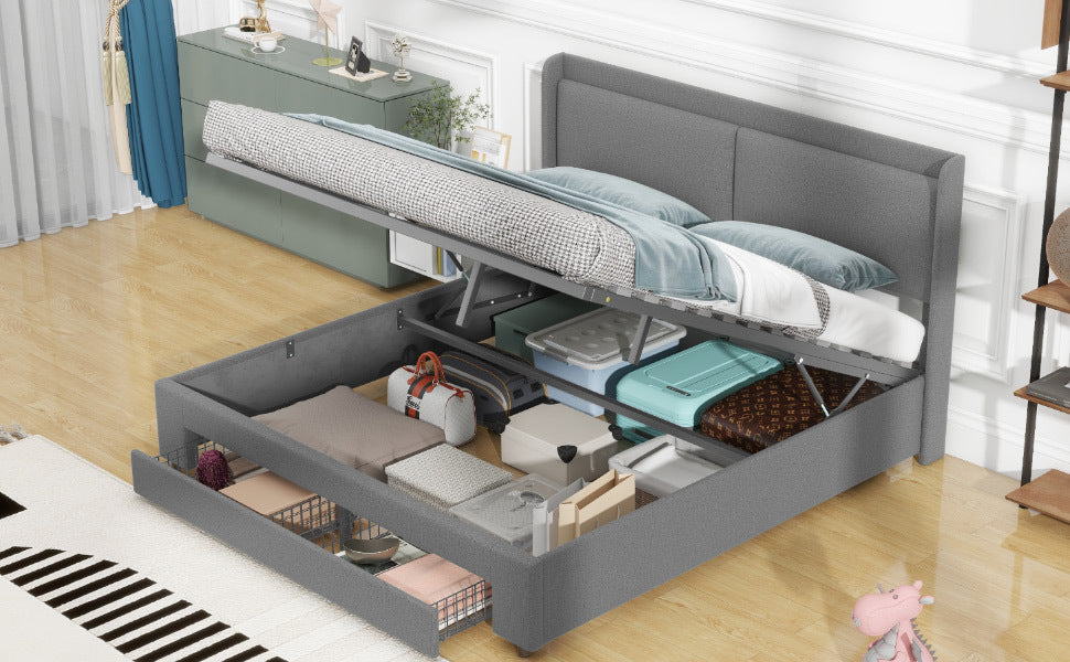 Queen Size Storage Upholstered Hydraulic Platform Bed with 2 Drawers, Gray - Atlantic Fine Furniture Melbourne FL