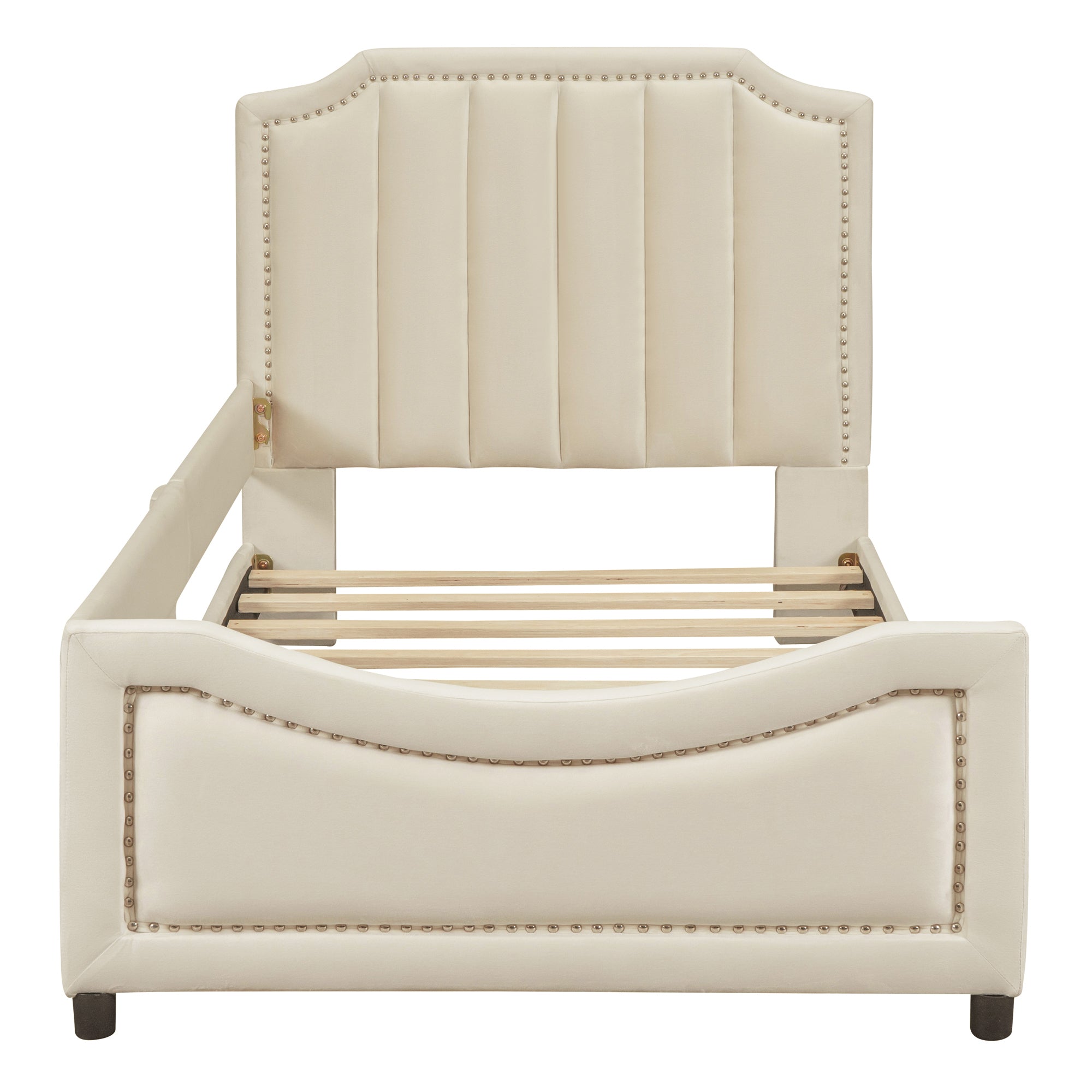 Twin Size Upholstered Daybed with Classic Stripe Shaped Headboard, Beige - Atlantic Fine Furniture Melbourne FL