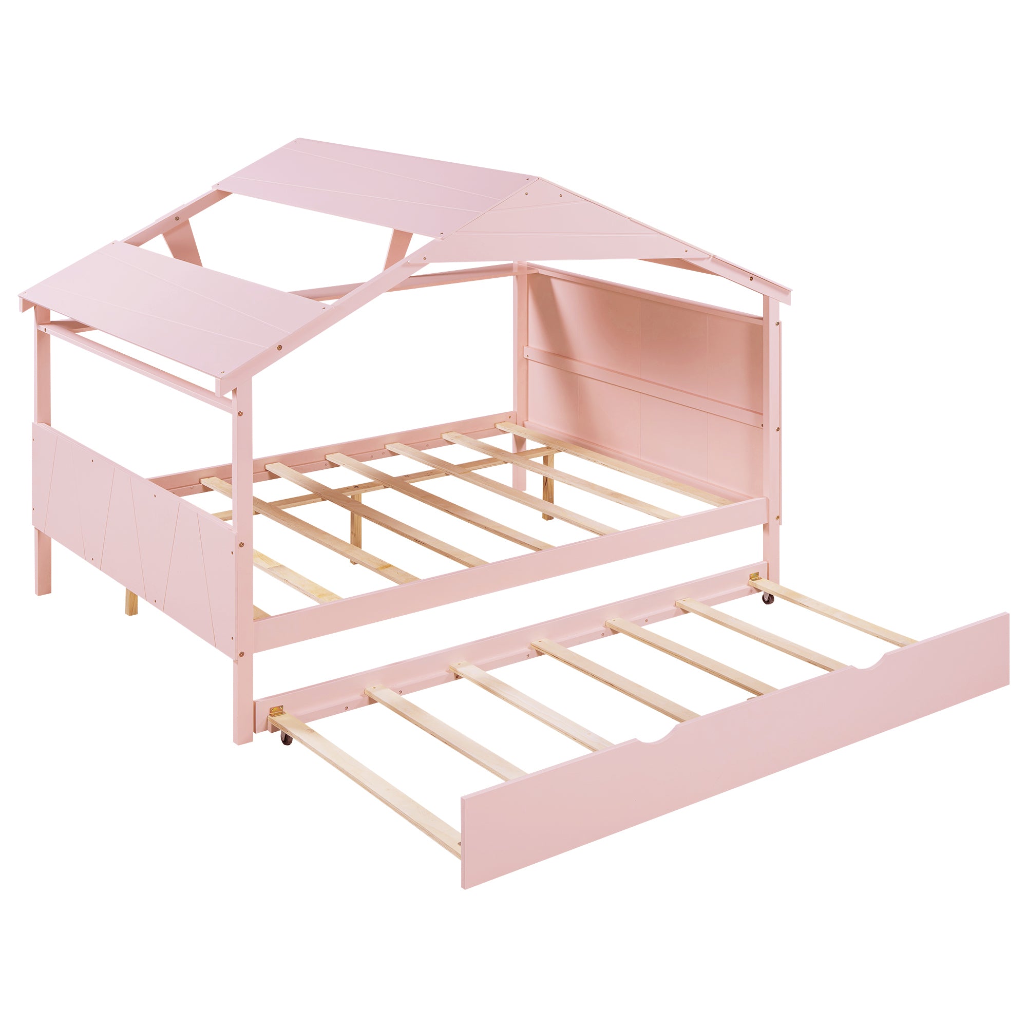 Wood Full Size House Bed with Twin Size Trundle and Storage, Pink - Atlantic Fine Furniture Melbourne FL