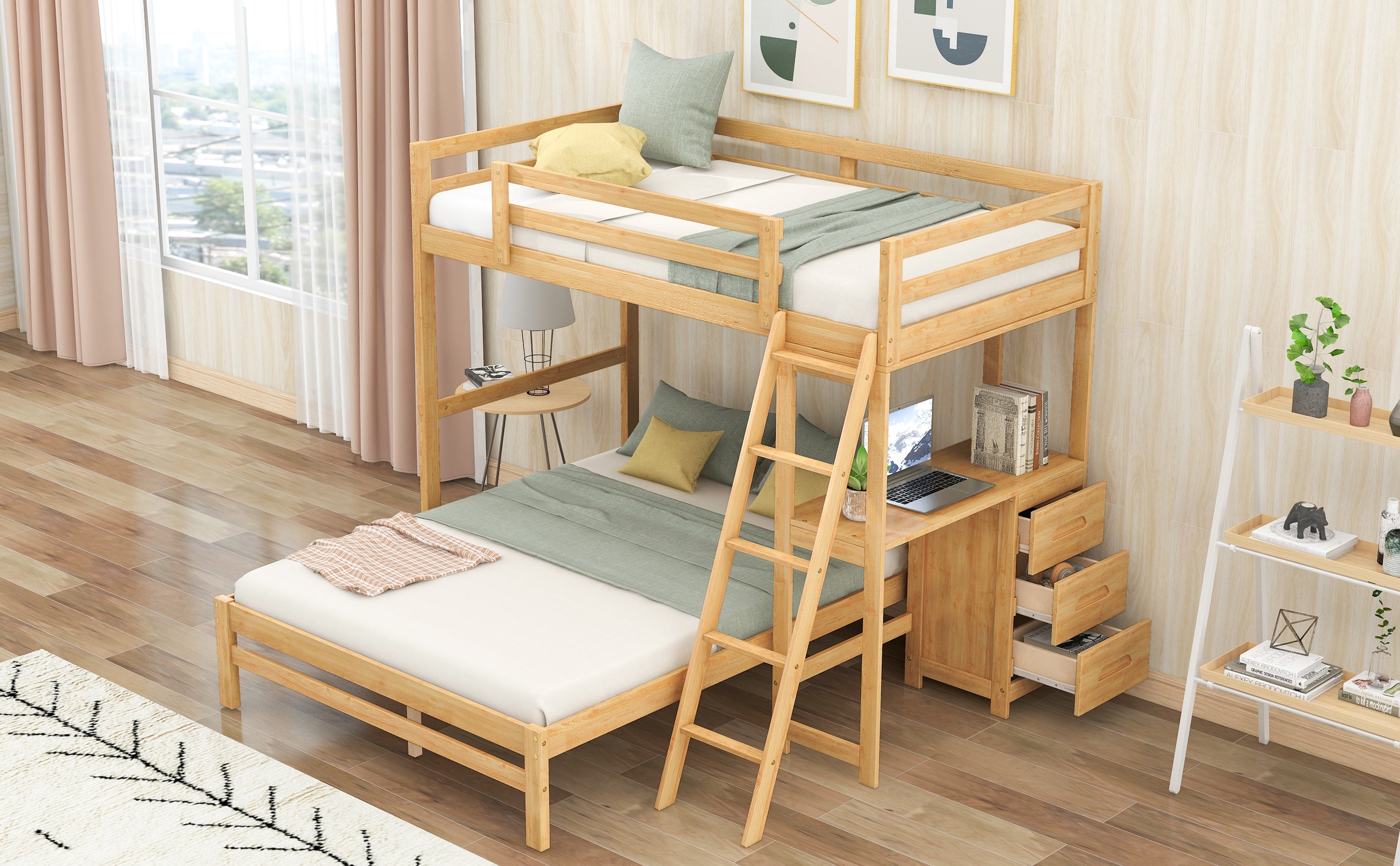 Twin over Full Bunk Bed with Built-in Desk and Three Drawers, Natural - Atlantic Fine Furniture Melbourne FL