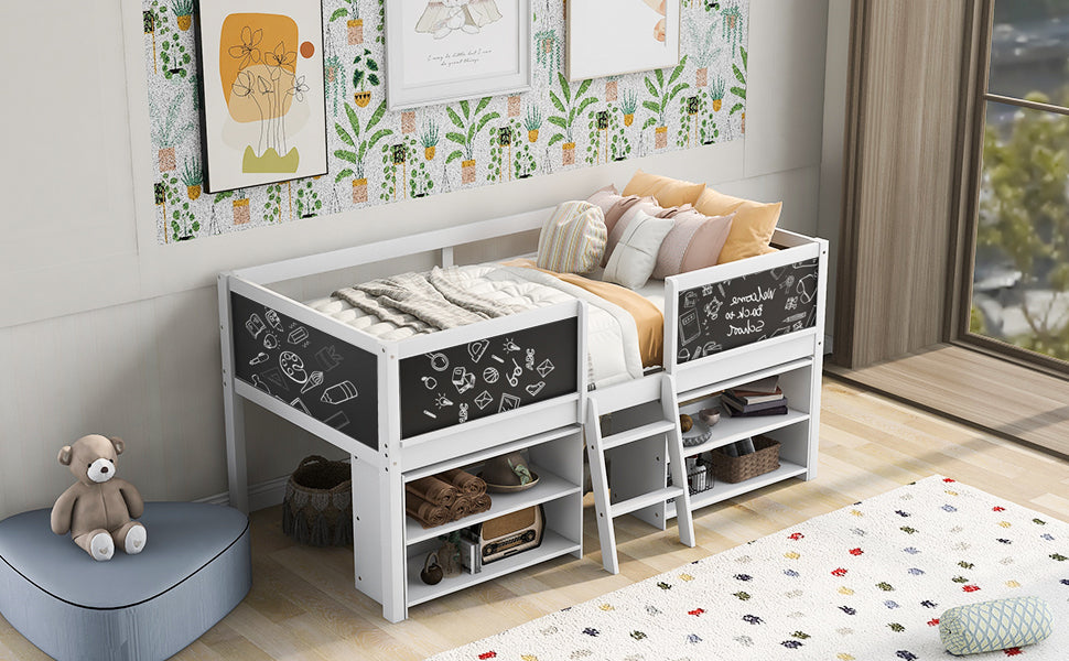 Twin Size Low Loft Bed with Two Movable Shelves and Ladder,with Decorative Guardrail Chalkboard,White(Old SKU: WF283286AAK) - Atlantic Fine Furniture Melbourne FL
