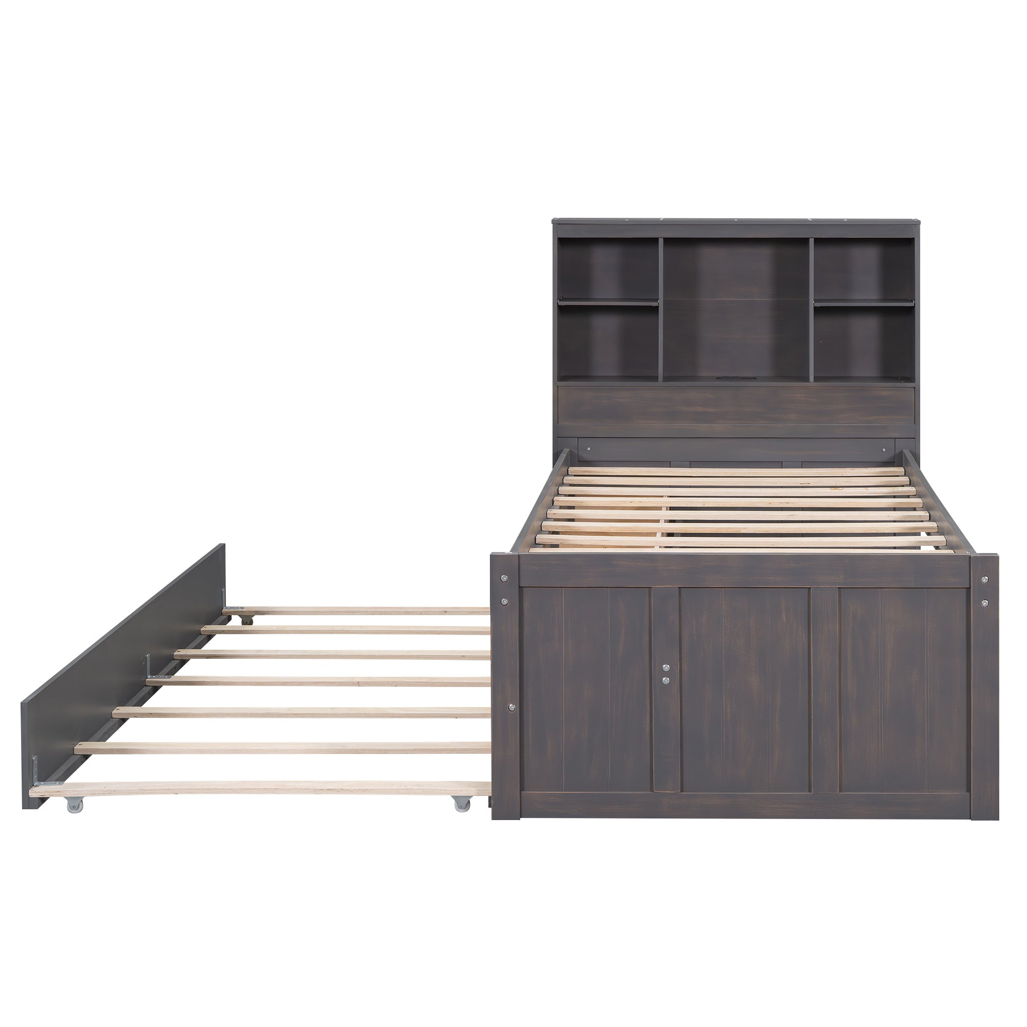 Twin Size Platform Bed with Storage Headboard, Charging Station, Twin Size Trundle and 3 Drawers, Antique Brown - Atlantic Fine Furniture Melbourne FL